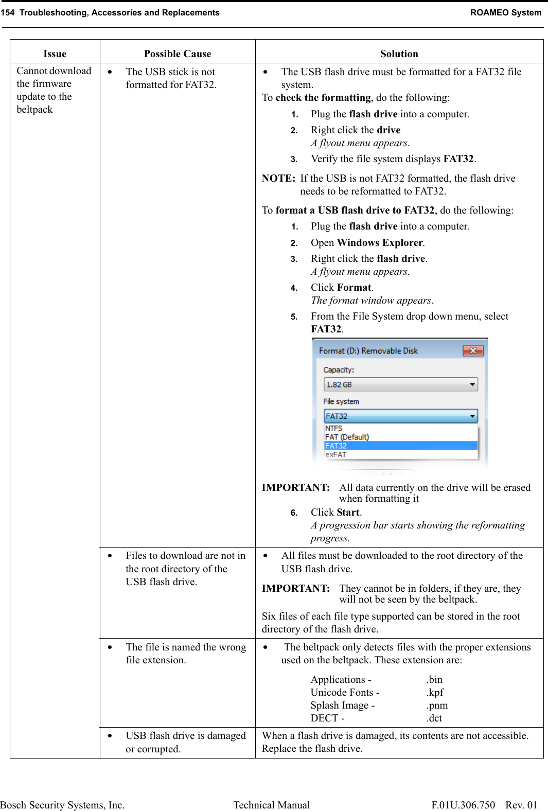 154  Troubleshooting, Accessories and Replacements ROAMEO SystemBosch Security Systems, Inc. Technical Manual  F.01U.306.750 Rev. 01Cannot download the firmware update to the beltpack•The USB stick is not formatted for FAT32.•The USB flash drive must be formatted for a FAT32 file system. To check the formatting, do the following:1. Plug the flash drive into a computer.2. Right click the driveA flyout menu appears.3. Verify the file system displays FAT32.NOTE: If the USB is not FAT32 formatted, the flash drive needs to be reformatted to FAT32. To format a USB flash drive to FAT32, do the following:   1. Plug the flash drive into a computer.2. Open Windows Explorer.3. Right click the flash drive.A flyout menu appears.4. Click Format.The format window appears.5. From the File System drop down menu, select FAT32.IMPORTANT: All data currently on the drive will be erased when formatting it6. Click Start.A progression bar starts showing the reformatting progress.•Files to download are not in the root directory of the USB flash drive.•All files must be downloaded to the root directory of the USB flash drive. IMPORTANT: They cannot be in folders, if they are, they will not be seen by the beltpack.Six files of each file type supported can be stored in the root directory of the flash drive.•The file is named the wrong file extension.• The beltpack only detects files with the proper extensions used on the beltpack. These extension are:Applications -  .binUnicode Fonts -  .kpfSplash Image -  .pnmDECT -  .dct•USB flash drive is damaged or corrupted.When a flash drive is damaged, its contents are not accessible. Replace the flash drive. Issue Possible Cause Solution