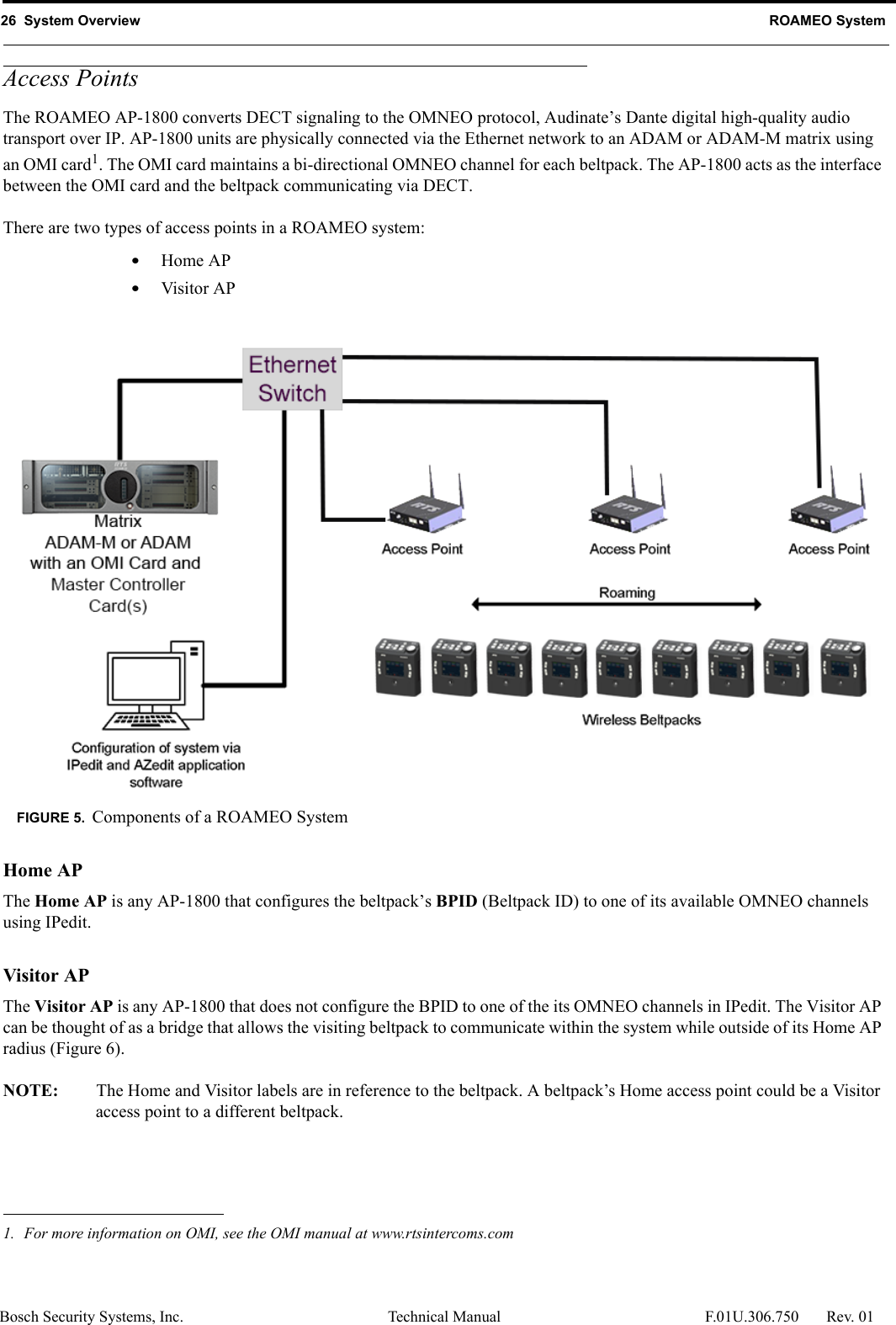 26  System Overview ROAMEO SystemBosch Security Systems, Inc. Technical Manual  F.01U.306.750 Rev. 01Access PointsThe ROAMEO AP-1800 converts DECT signaling to the OMNEO protocol, Audinate’s Dante digital high-quality audio transport over IP. AP-1800 units are physically connected via the Ethernet network to an ADAM or ADAM-M matrix using an OMI card1. The OMI card maintains a bi-directional OMNEO channel for each beltpack. The AP-1800 acts as the interface between the OMI card and the beltpack communicating via DECT.There are two types of access points in a ROAMEO system:•Home AP•Visitor APHome APThe Home AP is any AP-1800 that configures the beltpack’s BPID (Beltpack ID) to one of its available OMNEO channels using IPedit.Visitor APThe Visitor AP is any AP-1800 that does not configure the BPID to one of the its OMNEO channels in IPedit. The Visitor AP can be thought of as a bridge that allows the visiting beltpack to communicate within the system while outside of its Home AP radius (Figure 6).NOTE: The Home and Visitor labels are in reference to the beltpack. A beltpack’s Home access point could be a Visitor access point to a different beltpack.1. For more information on OMI, see the OMI manual at www.rtsintercoms.comFIGURE 5. Components of a ROAMEO System