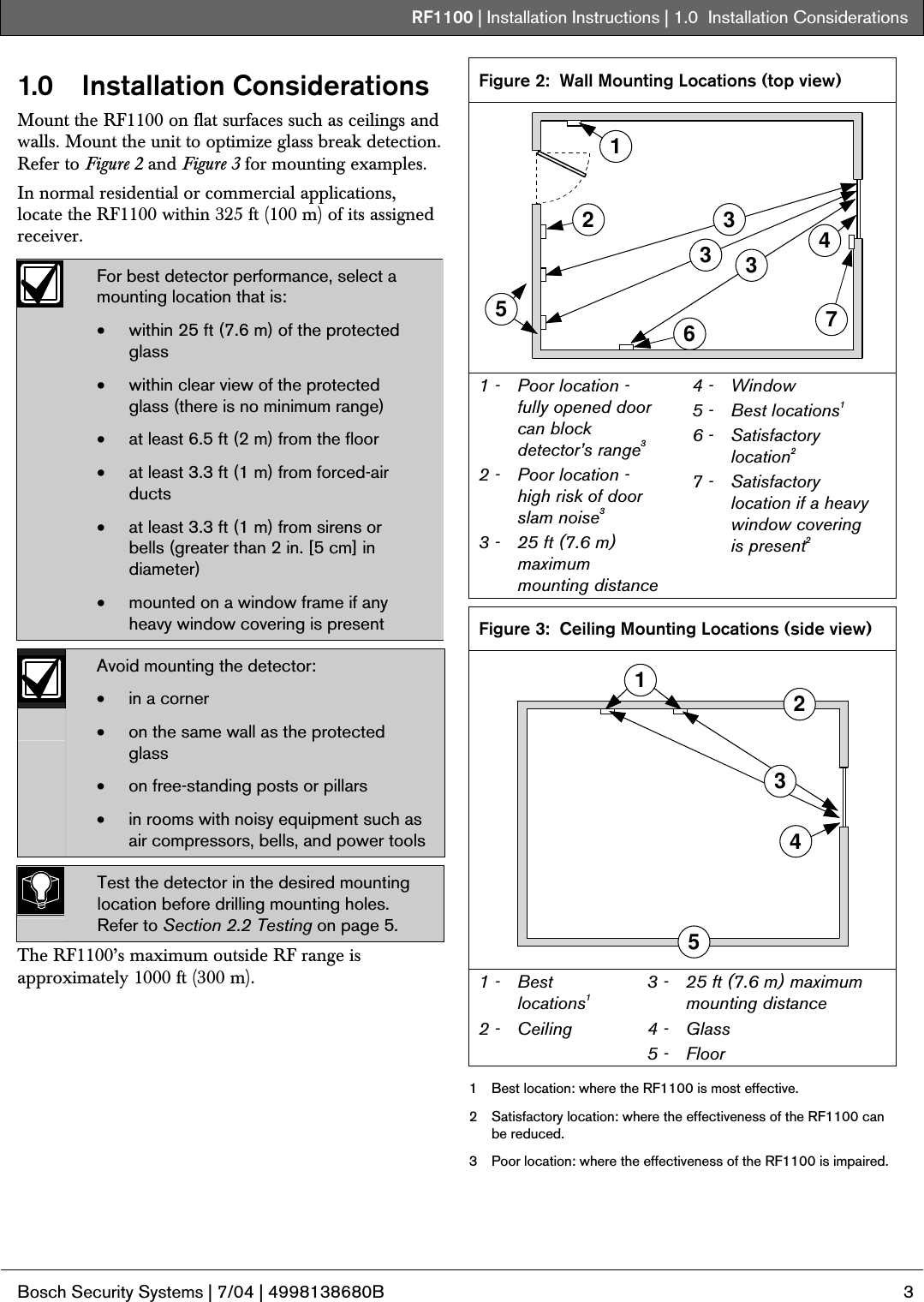 RF1100 | Installation Instructions | 1.0  Installation Considerations .  Bosch Security Systems | 7/04 | 4998138680B  3  1.0 Installation Considerations Mount the RF1100 on flat surfaces such as ceilings and walls. Mount the unit to optimize glass break detection. Refer to Figure 2 and Figure 3 for mounting examples. In normal residential or commercial applications, locate the RF1100 within 325 ft (100 m) of its assigned receiver.   For best detector performance, select a mounting location that is: • within 25 ft (7.6 m) of the protected glass • within clear view of the protected glass (there is no minimum range) • at least 6.5 ft (2 m) from the floor • at least 3.3 ft (1 m) from forced-air ducts • at least 3.3 ft (1 m) from sirens or bells (greater than 2 in. [5 cm] in diameter) • mounted on a window frame if any heavy window covering is present    Avoid mounting the detector: • in a corner • on the same wall as the protected glass • on free-standing posts or pillars • in rooms with noisy equipment such as air compressors, bells, and power tools   Test the detector in the desired mounting location before drilling mounting holes. Refer to Section 2.2 Testing on page 5. The RF1100’s maximum outside RF range is approximately 1000 ft (300 m).  Figure 2:  Wall Mounting Locations (top view) 751243633 1 -   Poor location - fully opened door can block detector’s range3 2 -   Poor location - high risk of door slam noise3  3 -   25 ft (7.6 m) maximum mounting distance 4 -   Window 5 -   Best locations1 6 -  Satisfactory location2 7 -   Satisfactory location if a heavy window covering is present2  Figure 3:  Ceiling Mounting Locations (side view) 14352 1 -   Best locations1 2 -   Ceiling 3 -   25 ft (7.6 m) maximum mounting distance 4 -  Glass 5 -   Floor  1  Best location: where the RF1100 is most effective. 2  Satisfactory location: where the effectiveness of the RF1100 can be reduced.  3  Poor location: where the effectiveness of the RF1100 is impaired. 