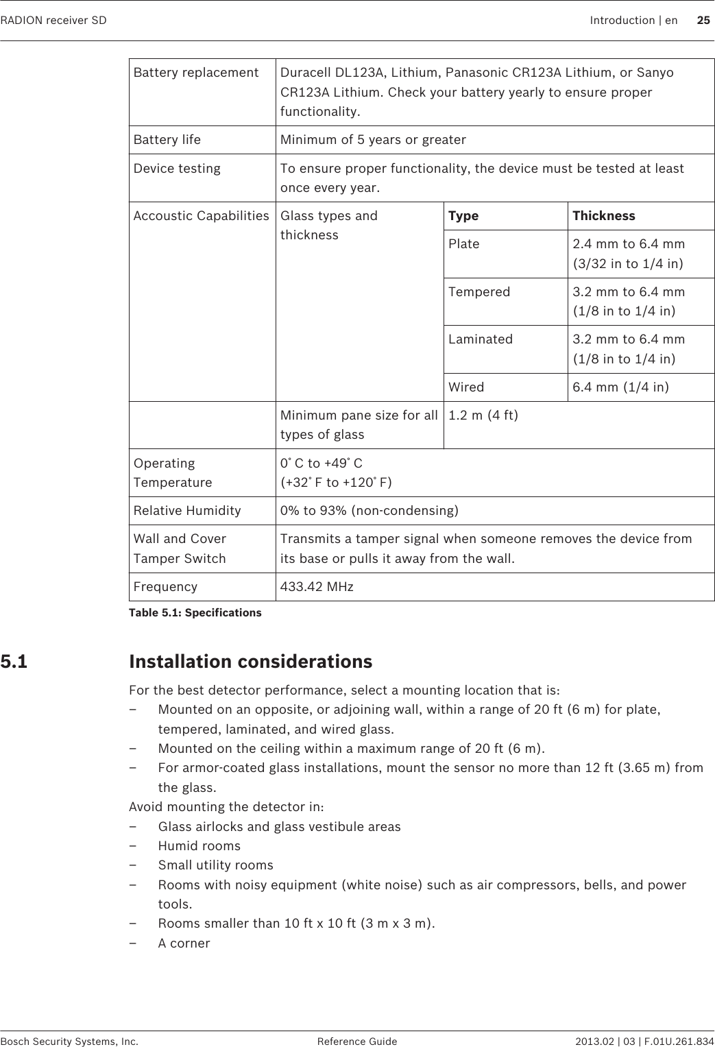 Battery replacement Duracell DL123A, Lithium, Panasonic CR123A Lithium, or SanyoCR123A Lithium. Check your battery yearly to ensure properfunctionality.Battery life Minimum of 5 years or greaterDevice testing To ensure proper functionality, the device must be tested at leastonce every year.Accoustic Capabilities Glass types andthicknessType ThicknessPlate 2.4 mm to 6.4 mm(3/32 in to 1/4 in)Tempered 3.2 mm to 6.4 mm(1/8 in to 1/4 in)Laminated 3.2 mm to 6.4 mm(1/8 in to 1/4 in)Wired 6.4 mm (1/4 in)  Minimum pane size for alltypes of glass1.2 m (4 ft)OperatingTemperature0ﾟC to +49ﾟC(+32ﾟF to +120ﾟF)Relative Humidity 0% to 93% (non-condensing)Wall and CoverTamper SwitchTransmits a tamper signal when someone removes the device fromits base or pulls it away from the wall.Frequency 433.42 MHzTable 5.1: Specifications Installation considerationsFor the best detector performance, select a mounting location that is:– Mounted on an opposite, or adjoining wall, within a range of 20 ft (6 m) for plate,tempered, laminated, and wired glass.– Mounted on the ceiling within a maximum range of 20 ft (6 m).– For armor-coated glass installations, mount the sensor no more than 12 ft (3.65 m) fromthe glass.Avoid mounting the detector in:– Glass airlocks and glass vestibule areas– Humid rooms– Small utility rooms– Rooms with noisy equipment (white noise) such as air compressors, bells, and powertools.– Rooms smaller than 10 ft x 10 ft (3 m x 3 m).– A corner5.1RADION receiver SD Introduction | en 25Bosch Security Systems, Inc. Reference Guide 2013.02 | 03 | F.01U.261.834