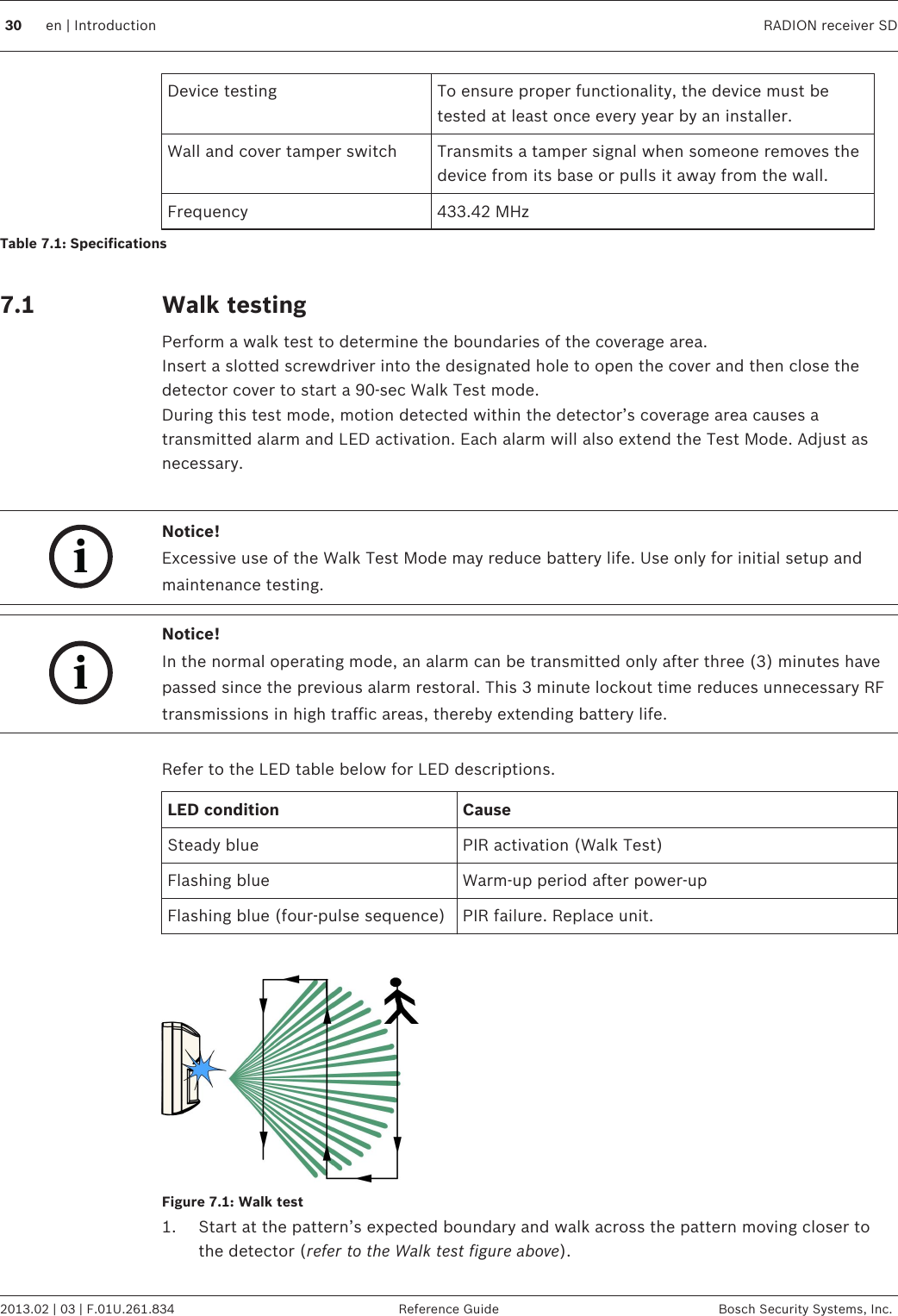 Device testing To ensure proper functionality, the device must betested at least once every year by an installer.Wall and cover tamper switch Transmits a tamper signal when someone removes thedevice from its base or pulls it away from the wall.Frequency 433.42 MHzTable 7.1: Specifications Walk testingPerform a walk test to determine the boundaries of the coverage area.Insert a slotted screwdriver into the designated hole to open the cover and then close thedetector cover to start a 90-sec Walk Test mode.During this test mode, motion detected within the detector’s coverage area causes atransmitted alarm and LED activation. Each alarm will also extend the Test Mode. Adjust asnecessary. iNotice!Excessive use of the Walk Test Mode may reduce battery life. Use only for initial setup andmaintenance testing.iNotice!In the normal operating mode, an alarm can be transmitted only after three (3) minutes havepassed since the previous alarm restoral. This 3 minute lockout time reduces unnecessary RFtransmissions in high traffic areas, thereby extending battery life. Refer to the LED table below for LED descriptions.LED condition CauseSteady blue PIR activation (Walk Test)Flashing blue Warm-up period after power-upFlashing blue (four-pulse sequence) PIR failure. Replace unit. Figure 7.1: Walk test1. Start at the pattern’s expected boundary and walk across the pattern moving closer tothe detector (refer to the Walk test figure above). 7.1 30 en | Introduction RADION receiver SD2013.02 | 03 | F.01U.261.834 Reference Guide Bosch Security Systems, Inc.