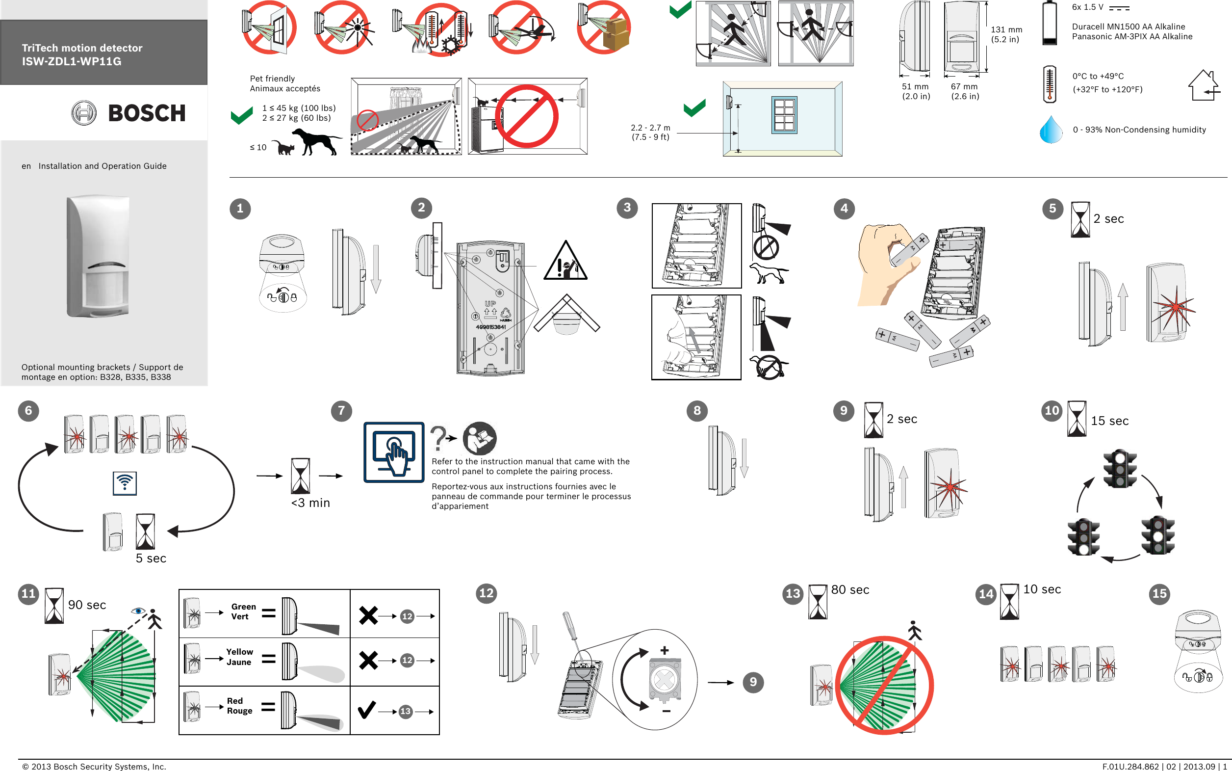 © 2013 Bosch Security Systems, Inc.                F.01U.284.862 | 02 | 2013.09 | 1===121312GreenVertYellowJauneRedRougeen   Installation and Operation GuideTriTech motion detectorISW-ZDL1-WP11G13251 mm(2.0 in)131 mm(5.2 in)67 mm(2.6 in)46x 1.5 VDuracell MN1500 AA Alkaline Panasonic AM-3PIX AA Alkaline 0°C to +49°C (+32°F to +120°F)2.2 - 2.7 m(7.5 - 9 ft)Pet friendlyAnimaux acceptés     1 ≤ 45 kg (100 lbs)     2 ≤ 27 kg (60 lbs)  ≤ 1052 sec+AA+AA+AA+AAAA+AA+AA90 sec811 12 80 sec 10 sec13 14 15&lt;3 min0 - 93% Non-Condensing humidity65 sec7Refer to the instruction manual that came with the control panel to complete the pairing process.Reportez-vous aux instructions fournies avec le panneau de commande pour terminer le processus d’appariementOptional mounting brackets / Support de montage en option: B328, B335, B338 15 sec10992 sec