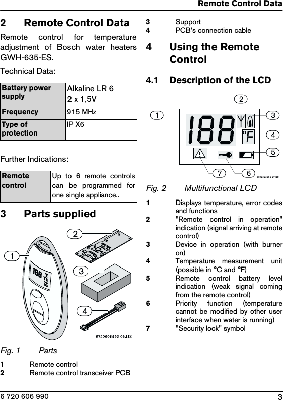 3Remote Control Data6 720 606 9902 Remote Control DataRemote  control  for  temperatureadjustment  of  Bosch  water  heatersGWH-635-ES.Technical Data:Further Indications:3 Parts suppliedFig. 1 Parts1Remote control2Remote control transceiver PCB3Support4PCB’s connection cable4 Using the Remote Control4.1 Description of the LCD Fig. 2 Multifunctional LCD1Displays temperature, error codesand functions2&quot;Remote  control  in  operation&quot;indication (signal arriving at remotecontrol)3Device  in  operation  (with  burneron)4Temperature  measurement  unit(possible in °C and °F)5Remote  control  battery  levelindication  (weak  signal  comingfrom the remote control)6Priority  function  (temperaturecannot  be  modified  by  other  userinterface when water is running)7&quot;Security lock&quot; symbolBattery power supplyAlkaline LR 62 x 1,5VFrequency 915 MHzType of protectionIP X6Remote controlUp  to  6  remote  controlscan  be  programmed  forone single appliance..