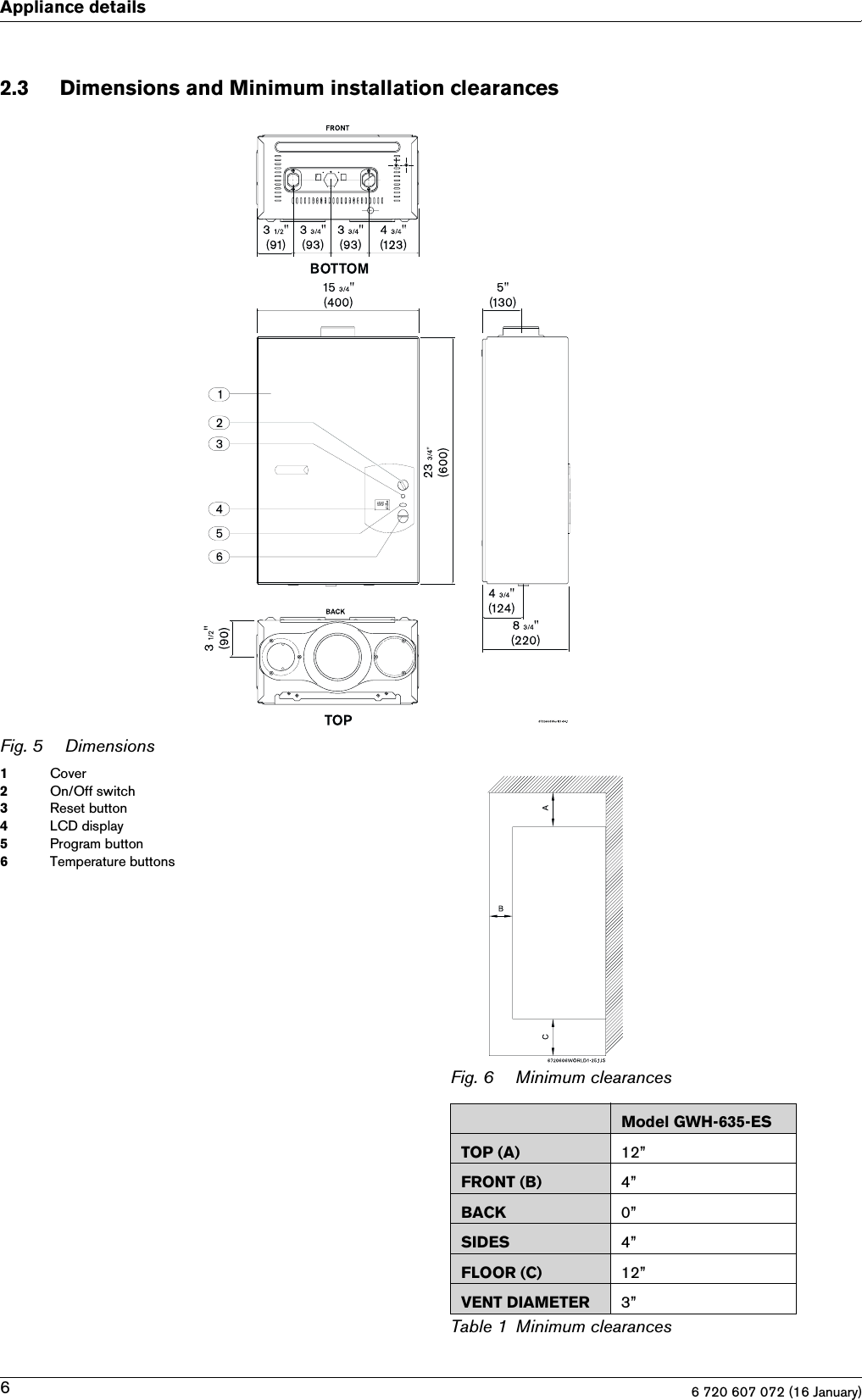 6 720 607 072 (16 January)6Appliance details2.3 Dimensions and Minimum installation clearancesFig. 5 Dimensions1Cover2On/Off switch3Reset button4LCD display5Program button6Temperature buttonsFig. 6 Minimum clearancesModel GWH-635-ESTOP (A) 12”FRONT (B) 4”BACK 0”SIDES 4”FLOOR (C) 12”VENT DIAMETER 3”Table 1 Minimum clearances