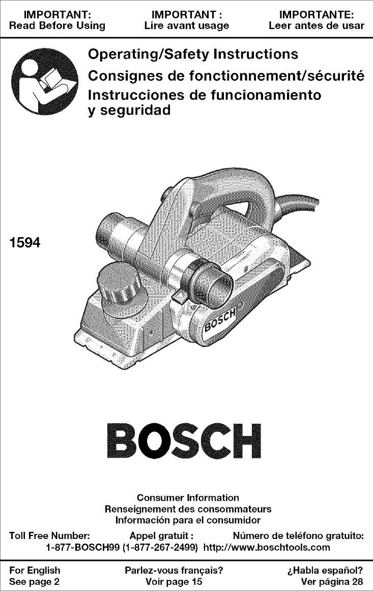 Bosch 1594K User Manual PLANER Manuals And Guides L0612119