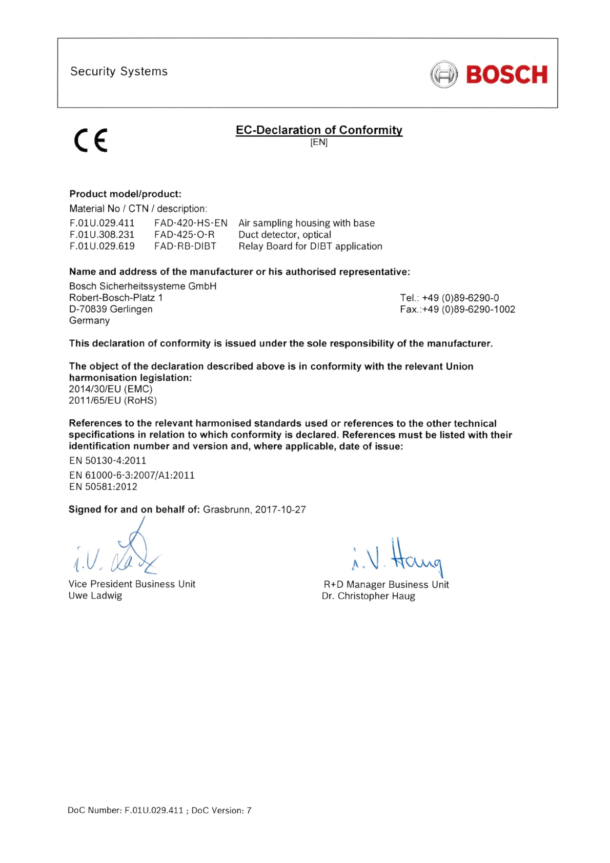 Bosch Ce Declaration Of Conformity L2 En Us Fad 4 Hs Certificate Eu