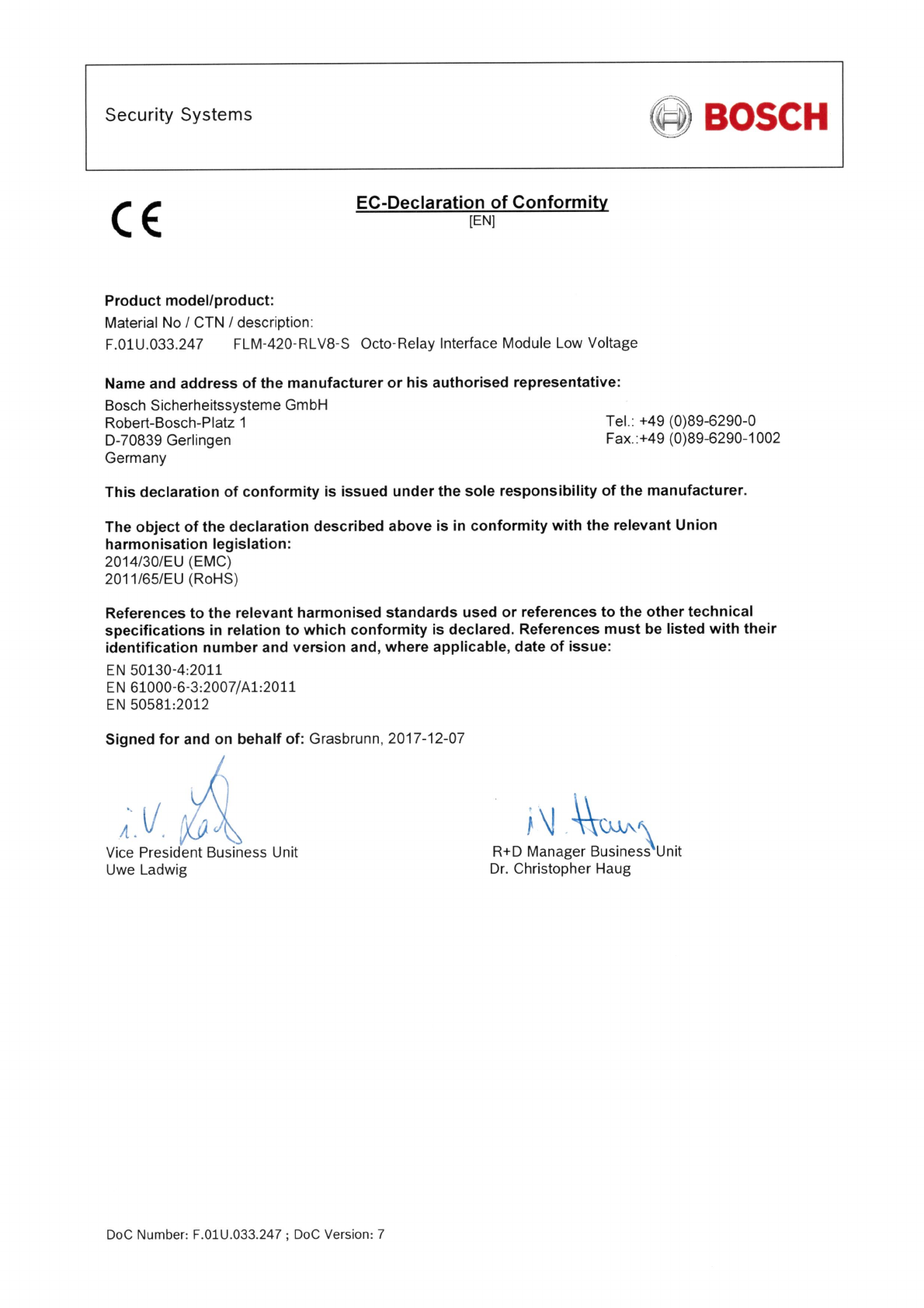 Bosch Ce Declaration Of Conformity L2 En Us Flm 420 Rlv8 S