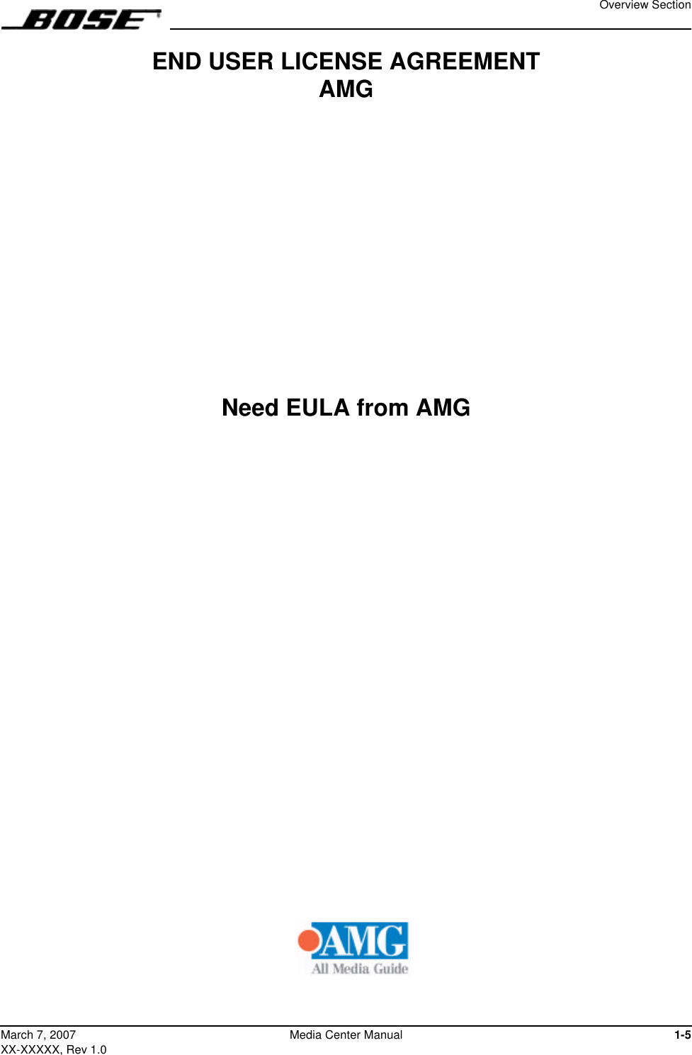 Overview Section1-5March 7, 2007XX-XXXXX, Rev 1.0Media Center ManualEND USER LICENSE AGREEMENT AMGNeed EULA from AMG 
