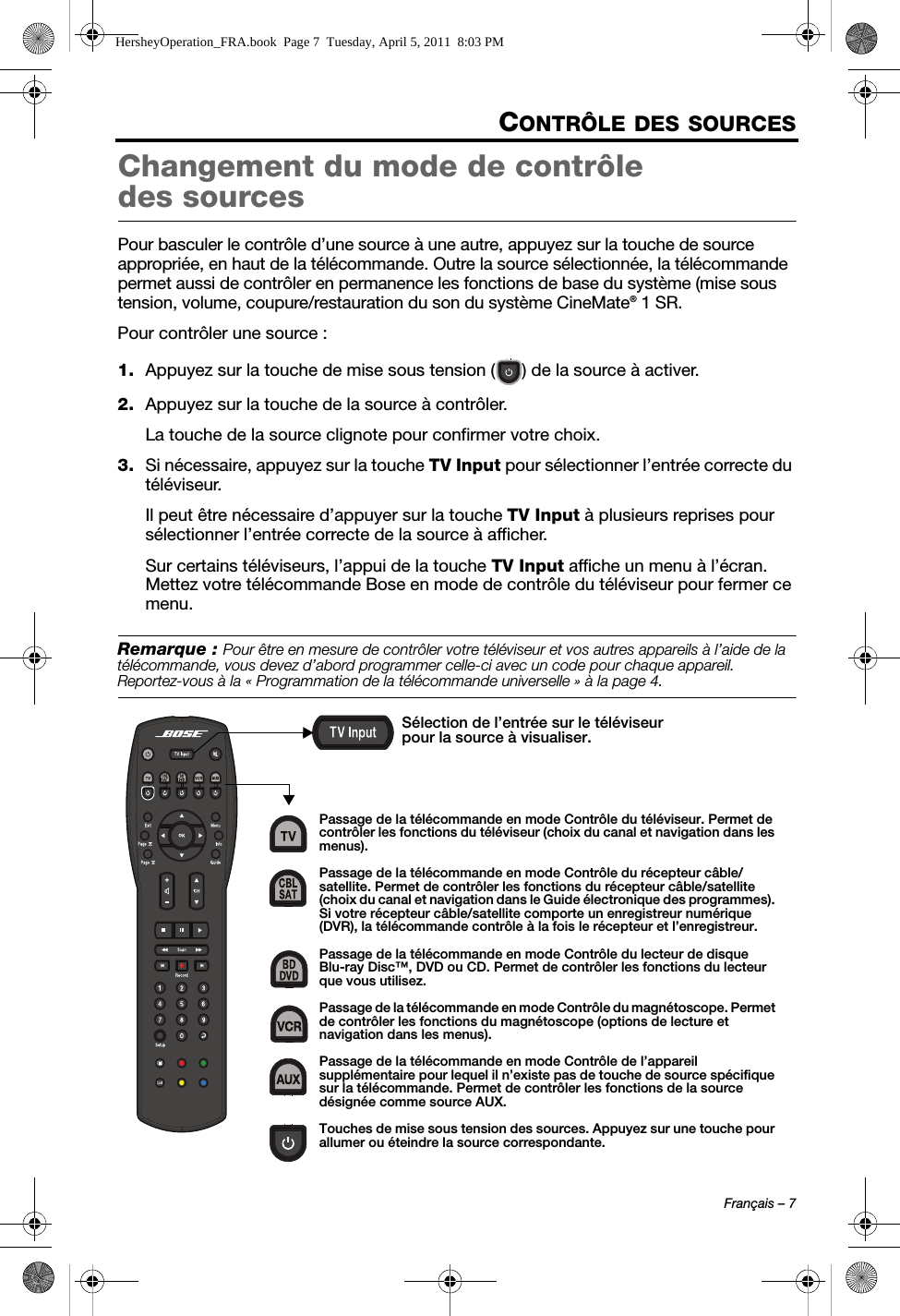 Français – 7CONTRÔLE DES SOURCESChangement du mode de contrôle des sourcesPour basculer le contrôle d’une source à une autre, appuyez sur la touche de source appropriée, en haut de la télécommande. Outre la source sélectionnée, la télécommande permet aussi de contrôler en permanence les fonctions de base du système (mise sous tension, volume, coupure/restauration du son du système CineMate® 1 SR.Pour contrôler une source :1. Appuyez sur la touche de mise sous tension ( ) de la source à activer.2. Appuyez sur la touche de la source à contrôler.La touche de la source clignote pour confirmer votre choix.3. Si nécessaire, appuyez sur la touche TV Input pour sélectionner l’entrée correcte du téléviseur.Il peut être nécessaire d’appuyer sur la touche TV Input à plusieurs reprises pour sélectionner l’entrée correcte de la source à afficher.Sur certains téléviseurs, l’appui de la touche TV Input affiche un menu à l’écran. Mettez votre télécommande Bose en mode de contrôle du téléviseur pour fermer ce menu.Remarque : Pour être en mesure de contrôler votre téléviseur et vos autres appareils à l’aide de la télécommande, vous devez d’abord programmer celle-ci avec un code pour chaque appareil. Reportez-vous à la « Programmation de la télécommande universelle » à la page 4.Passage de la télécommande en mode Contrôle du téléviseur. Permet de contrôler les fonctions du téléviseur (choix du canal et navigation dans les menus).Passage de la télécommande en mode Contrôle du récepteur câble/satellite. Permet de contrôler les fonctions du récepteur câble/satellite (choix du canal et navigation dans le Guide électronique des programmes). Si votre récepteur câble/satellite comporte un enregistreur numérique (DVR), la télécommande contrôle à la fois le récepteur et l’enregistreur.Passage de la télécommande en mode Contrôle du lecteur de disque Blu-ray Disc™, DVD ou CD. Permet de contrôler les fonctions du lecteur que vous utilisez.Passage de la télécommande en mode Contrôle du magnétoscope. Permet de contrôler les fonctions du magnétoscope (options de lecture et navigation dans les menus).Passage de la télécommande en mode Contrôle de l’appareil supplémentaire pour lequel il n’existe pas de touche de source spécifique sur la télécommande. Permet de contrôler les fonctions de la source désignée comme source AUX.Touches de mise sous tension des sources. Appuyez sur une touche pour allumer ou éteindre la source correspondante.Sélection de l’entrée sur le téléviseur pour la source à visualiser.HersheyOperation_FRA.book  Page 7  Tuesday, April 5, 2011  8:03 PM