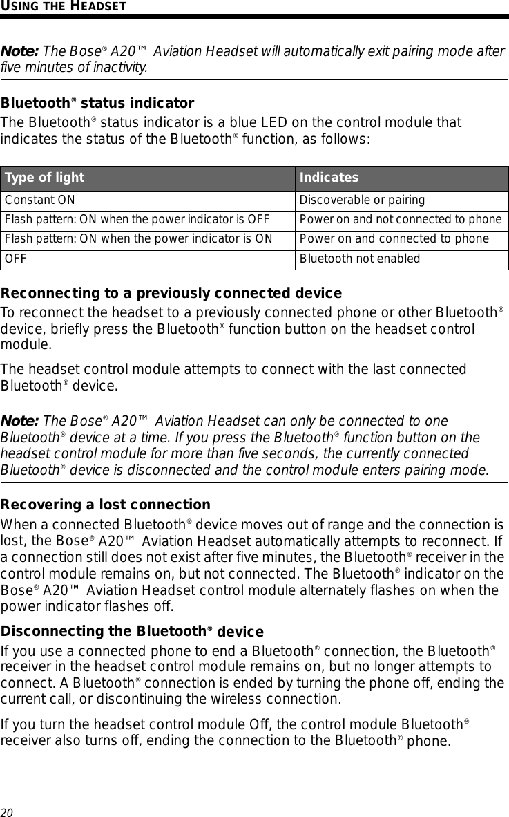 20Tab 3, 11Tab 8, 16 Tab 7, 15 Tab 6, 14 Tab 5, 13 Tab 4, 12 EnglishTab2, 10USING THE HEADSETNote: The Bose® A20™ Aviation Headset will automatically exit pairing mode after five minutes of inactivity.Bluetooth® status indicatorThe Bluetooth® status indicator is a blue LED on the control module that indicates the status of the Bluetooth® function, as follows: Reconnecting to a previously connected deviceTo reconnect the headset to a previously connected phone or other Bluetooth® device, briefly press the Bluetooth® function button on the headset control module.The headset control module attempts to connect with the last connected Bluetooth® device. Note: The Bose® A20™ Aviation Headset can only be connected to one Bluetooth® device at a time. If you press the Bluetooth® function button on the headset control module for more than five seconds, the currently connected Bluetooth® device is disconnected and the control module enters pairing mode.Recovering a lost connectionWhen a connected Bluetooth® device moves out of range and the connection is lost, the Bose® A20™ Aviation Headset automatically attempts to reconnect. If a connection still does not exist after five minutes, the Bluetooth® receiver in the control module remains on, but not connected. The Bluetooth® indicator on the Bose® A20™ Aviation Headset control module alternately flashes on when the power indicator flashes off.Disconnecting the Bluetooth® deviceIf you use a connected phone to end a Bluetooth® connection, the Bluetooth® receiver in the headset control module remains on, but no longer attempts to connect. A Bluetooth® connection is ended by turning the phone off, ending the current call, or discontinuing the wireless connection.If you turn the headset control module Off, the control module Bluetooth® receiver also turns off, ending the connection to the Bluetooth® phone.Type of light IndicatesConstant ON Discoverable or pairingFlash pattern: ON when the power indicator is OFF Power on and not connected to phoneFlash pattern: ON when the power indicator is ON Power on and connected to phoneOFF Bluetooth not enabled