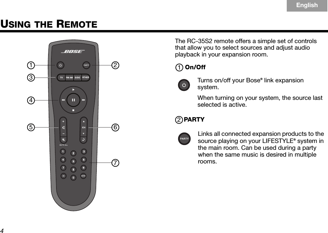 4EnglishTAB 6TAB 8 TAB 7 TAB 3TAB 5 TAB 2TAB 4USING THE REMOTEThe RC-35S2 remote offers a simple set of controls that allow you to select sources and adjust audio playback in your expansion room.On/OffPARTY1345267Turns on/off your Bose® link expansion system. When turning on your system, the source last selected is active.Links all connected expansion products to the source playing on your LIFESTYLE® system in the main room. Can be used during a party when the same music is desired in multiple rooms.12