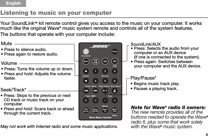 9Tab 6, 14English Tab 2, 10 Tab 3, 11 Tab 4, 12 Tab 5, 13 Tab 8, 16Tab 7, 15Listening to music on your computerYour SoundLinkTM kit remote control gives you access to the music on your computer. It works much like the original Wave® music system remote and controls all of the system features.The buttons that operate with your computer include: SoundLink/AUX• Press: Selects the audio from your computer or an AUX device (if one is connected to the system).•Press again: Switches between your computer and the AUX device.Play/Pause*• Begins music track play.• Pauses a playing track.Seek/Track*• Press: Skips to the previous or next CD track or music track on your computer.•Press and hold: Scans back or ahead through the current track.Mute• Press to silence audio.• Press again to restore audio.Volume• Press: Turns the volume up or down.•Press and hold: Adjusts the volume faster.*May not work with Internet radio and some music applications.Note for Wave® radio II owners: The new remote provides all of the buttons needed to operate the Wave®radio II, plus some that work solely with the Wave® music system.