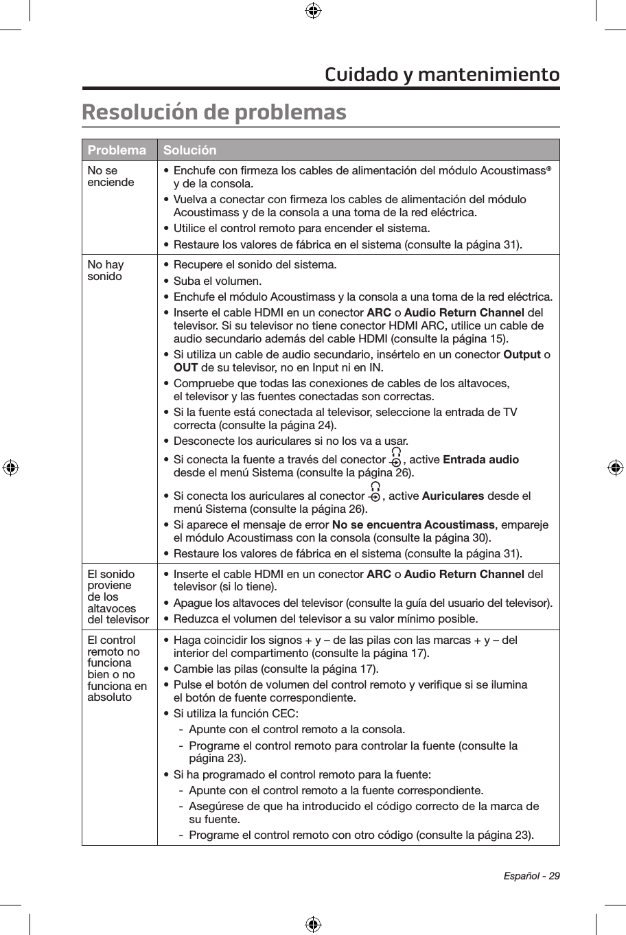  Español - 29Resolución de problemasProblema SoluciónNo se enciende • Enchufe con ﬁrmeza los cables de alimentación del módulo Acoustimass® y de la consola.• Vuelva a conectar con ﬁrmeza los cables de alimentación del módulo Acoustimass y de la consola a una toma de la red eléctrica. • Utilice el control remoto para encender el sistema.• Restaure los valores de fábrica en el sistema (consulte la página 31).No hay sonido • Recupere el sonido del sistema.• Suba el volumen.• Enchufe el módulo Acoustimass y la consola a una toma de la red eléctrica.• Inserte el cable HDMI en un conector ARC o Audio Return Channel del televisor. Si su televisor no tiene conector HDMI ARC, utilice un cable de audio secundario además del cable HDMI (consulte la página 15).• Si utiliza un cable de audio secundario, insértelo en un conector Output o OUT de su televisor, no en Input ni en IN.• Compruebe que todas las conexiones de cables de los altavoces, el televisor y las fuentes conectadas son correctas.• Si la fuente está conectada al televisor, seleccione la entrada de TV correcta (consulte la página 24).• Desconecte los auriculares si no los va a usar.• Si conecta la fuente a través del conector  , active Entrada audio  desde el menú Sistema (consulte la página 26).• Si conecta los auriculares al conector  , active Auriculares desde el menú Sistema (consulte la página 26).• Si aparece el mensaje de error No se encuentra Acoustimass, empareje el módulo Acoustimass con la consola (consulte la página 30).• Restaure los valores de fábrica en el sistema (consulte la página 31).El sonido proviene de los altavoces del televisor• Inserte el cable HDMI en un conector ARC o Audio Return Channel del televisor (si lo tiene).• Apague los altavoces del televisor (consulte la guía del usuario del televisor).• Reduzca el volumen del televisor a su valor mínimo posible.El control remoto no funciona bien o no funciona en absoluto• Haga coincidir los signos + y – de las pilas con las marcas + y – del interior del compartimento (consulte la página 17).• Cambie las pilas (consulte la página 17).• Pulse el botón de volumen del control remoto y veriﬁque si se ilumina el botón de fuente correspondiente.• Si utiliza la función CEC: - Apunte con el control remoto a la consola. - Programe el control remoto para controlar la fuente (consulte la página 23).• Si ha programado el control remoto para la fuente:  - Apunte con el control remoto a la fuente correspondiente. - Asegúrese de que ha introducido el código correcto de la marca de su fuente. - Programe el control remoto con otro código (consulte la página 23).Cuidado y mantenimiento