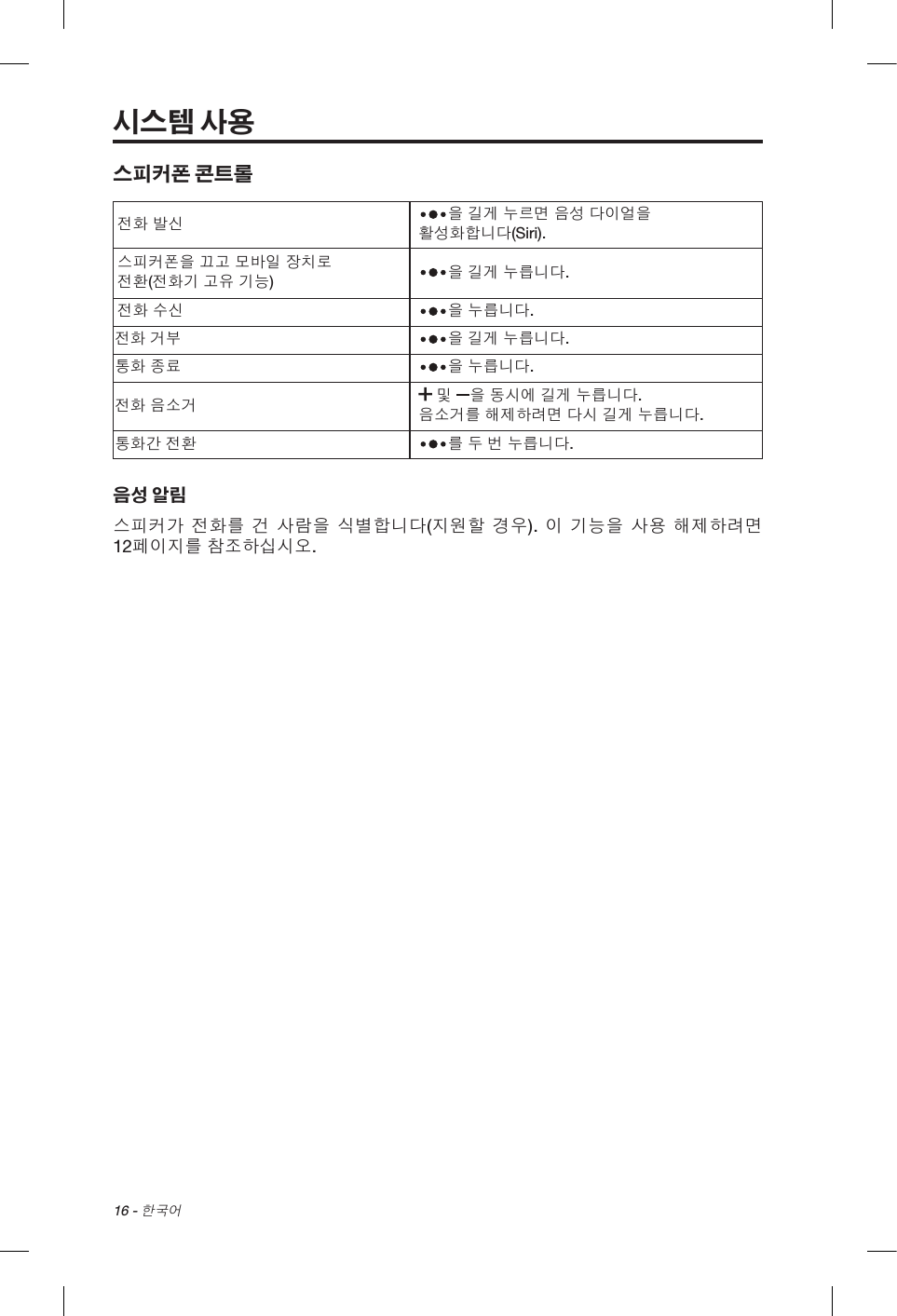 16 - 한국어시스템 사용스피커폰 콘트롤전화 발신 을 길게 누르면 음성 다이얼을 활성화합니다(Siri).스피커폰을 끄고 모바일 장치로 전환(전화기 고유 기능)을 길게 누릅니다.전화 수신 을 누릅니다. 전화 거부 을 길게 누릅니다.통화 종료 을 누릅니다. 전화 음소거  및 을 동시에 길게 누릅니다.  음소거를 해제하려면 다시 길게 누릅니다.통화간 전환 를 두 번 누릅니다.음성 알림스피커가 전화를 건 사람을 식별합니다(지원할 경우). 이 기능을 사용 해제하려면 12페이지를 참조하십시오.