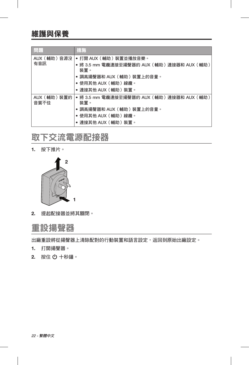 22 - 繁體中文問題 措施AUX（輔助）音源沒有音訊• 打開 AUX（輔助）裝置並播放音樂。• 將 3.5 mm 電纜連接至揚聲器的 AUX（輔助）連接器和 AUX（輔助）裝置。• 調高揚聲器和 AUX（輔助）裝置上的音量。• 使用其他 AUX（輔助）線纜。• 連接其他 AUX（輔助）裝置。AUX（輔助）裝置的音質不佳• 將 3.5 mm 電纜連接至揚聲器的 AUX（輔助）連接器和 AUX（輔助）裝置。• 調高揚聲器和 AUX（輔助）裝置上的音量。• 使用其他 AUX（輔助）線纜。• 連接其他 AUX（輔助）裝置。取下交流電源配接器1.  按下推片。1 2 2.  提起配接器並將其關閉。重設揚聲器出廠重設將從揚聲器上清除配對的行動裝置和語言設定，返回到原始出廠設定。1.  打開揚聲器。2.  按住  十秒鐘。維護與保養