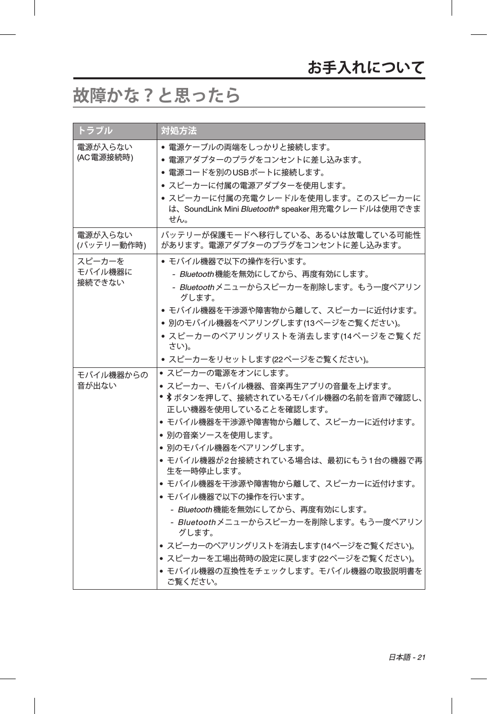  日本語 - 21お手入れについて故障かな？と思ったらトラブル 対処方法電源が入らない  (AC電源接続時 )•  電源ケーブルの両端をしっかりと接続します。•  電源アダプターのプラグをコンセントに差し込みます。•  電源コードを別のUSBポートに接続します。•  スピーカーに付属の電源アダプターを使用します。•  スピーカーに付属の充電クレードルを使用します。このスピーカーには、SoundLink Mini Bluetooth® speaker用充電クレードルは使用できません。電源が入らない  (バッテリー動作時)バッテリーが保護モードへ移行している、あるいは放電している可能性があります。電源アダプターのプラグをコンセントに差し込みます。スピーカーを モバイル機器に 接続できない•  モバイル機器で以下の操作を行います。 - Bluetooth機能を無効にしてから、再度有効にします。 - Bluetoothメニューからスピーカーを削除します。もう一度ペアリングします。•  モバイル機器を干渉源や障害物から離して、スピーカーに近付けます。•  別のモバイル機器をペアリングします(13ページをご覧ください)。•  スピーカーのペアリングリストを消去します(14ページをご覧ください)。•  スピーカーをリセットします(22ページをご覧ください)。モバイル機器からの音が出ない•  スピーカーの電源をオンにします。•  スピーカー、モバイル機器、音楽再生アプリの音量を上げます。•   ボタンを押して、接続されているモバイル機器の名前を音声で確認し、正しい機器を使用していることを確認します。•  モバイル機器を干渉源や障害物から離して、スピーカーに近付けます。•  別の音楽ソースを使用します。•  別のモバイル機器をペアリングします。•  モバイル機器が2台接続されている場合は、最初にもう1台の機器で再生を一時停止します。•  モバイル機器を干渉源や障害物から離して、スピーカーに近付けます。•  モバイル機器で以下の操作を行います。 - Bluetooth機能を無効にしてから、再度有効にします。 - Bluetoothメニューからスピーカーを削除します。もう一度ペアリングします。•  スピーカーのペアリングリストを消去します(14ページをご覧ください)。•  スピーカーを工場出荷時の設定に戻します(22ページをご覧ください)。•  モバイル機器の互換性をチェックします。モバイル機器の取扱説明書をご覧ください。