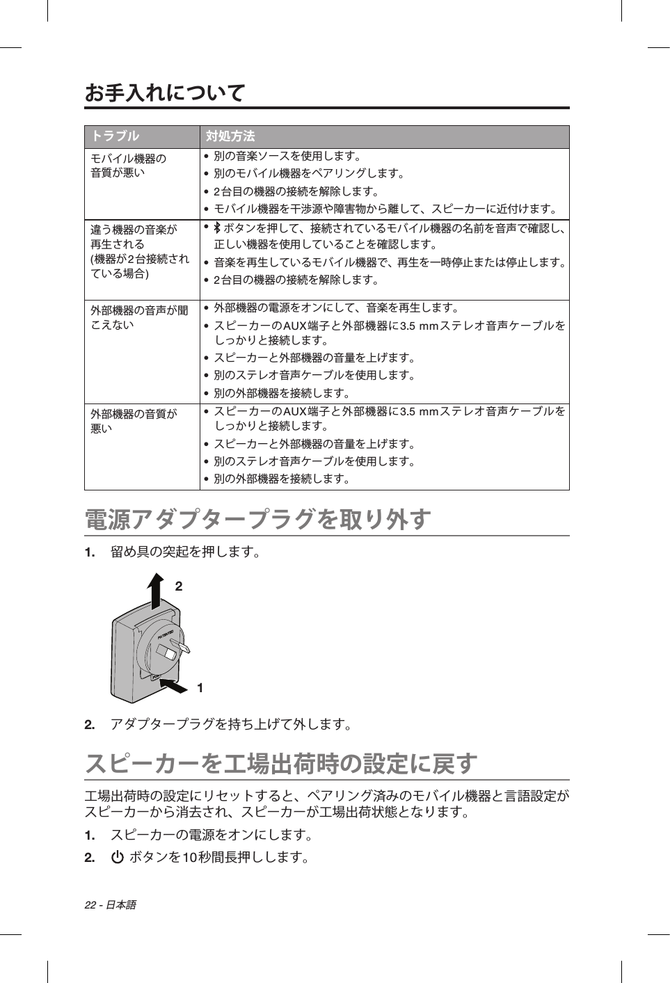 22 - 日本語トラブル 対処方法モバイル機器の 音質が悪い•  別の音楽ソースを使用します。•  別のモバイル機器をペアリングします。•  2台目の機器の接続を解除します。•  モバイル機器を干渉源や障害物から離して、スピーカーに近付けます。違う機器の音楽が 再生される (機器が2台接続されている場合)•   ボタンを押して、接続されているモバイル機器の名前を音声で確認し、正しい機器を使用していることを確認します。•  音楽を再生しているモバイル機器で、再生を一時停止または停止します。•  2台目の機器の接続を解除します。外部機器の音声が聞こえない•  外部機器の電源をオンにして、音楽を再生します。•  スピーカーのAUX端子と外部機器に3.5 mmステレオ音声ケーブルをしっかりと接続します。•  スピーカーと外部機器の音量を上げます。•  別のステレオ音声ケーブルを使用します。•  別の外部機器を接続します。外部機器の音質が 悪い•  スピーカーのAUX端子と外部機器に3.5 mmステレオ音声ケーブルをしっかりと接続します。•  スピーカーと外部機器の音量を上げます。•  別のステレオ音声ケーブルを使用します。•  別の外部機器を接続します。電源アダプタープラグを取り外す1.  留め具の突起を押します。1 2 2.  アダプタープラグを持ち上げて外します。スピーカーを工場出荷時の設定に戻す工場出荷時の設定にリセットすると、ペアリング済みのモバイル機器と言語設定がスピーカーから消去され、スピーカーが工場出荷状態となります。1.  スピーカーの電源をオンにします。2.    ボタンを10秒間長押しします。お手入れについて