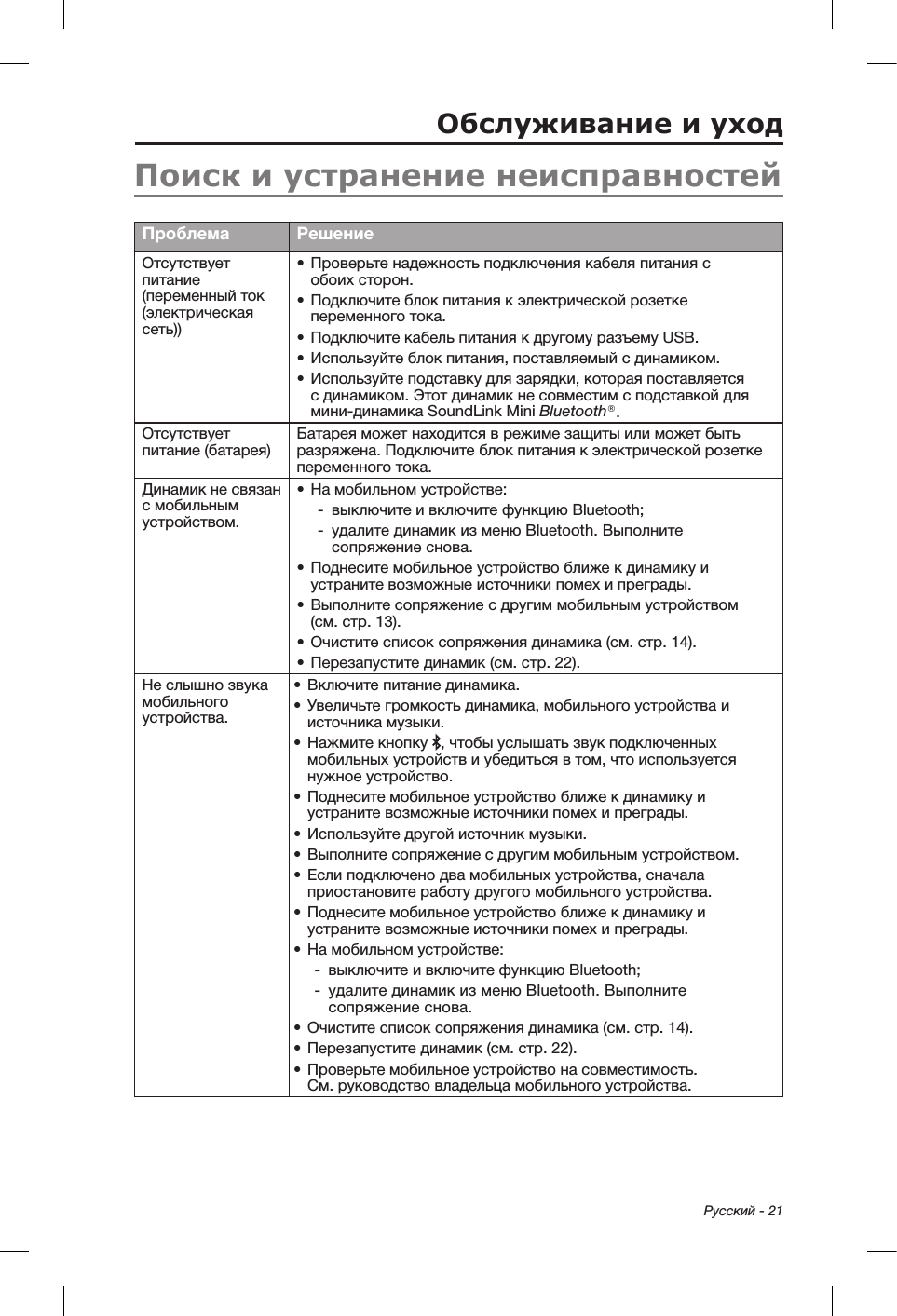  Русский - 21Обслуживание и уходПоиск и устранение неисправностейПроблема РешениеОтсутствует питание (переменный ток (электрическая сеть))•  Проверьте надежность подключения кабеля питания с обоихсторон.•  Подключите блок питания к электрической розетке переменного тока.•  Подключите кабель питания к другому разъему USB.•  Используйте блок питания, поставляемый с динамиком.•  Используйте подставку для зарядки, которая поставляется с динамиком. Этот динамик не совместим с подставкой для мини-динамика SoundLink Mini Bluetooth®.Отсутствует питание (батарея)Батарея может находится в режиме защиты или может быть разряжена. Подключите блок питания к электрической розетке переменного тока.Динамик не связан с мобильным устройством.•  На мобильном устройстве: - выключите и включите функцию Bluetooth;  - удалите динамик из меню Bluetooth. Выполните сопряжение снова. •  Поднесите мобильное устройство ближе к динамику и устраните возможные источники помех и преграды.•  Выполните сопряжение с другим мобильным устройством (см.стр. 13).•  Очистите список сопряжения динамика (см. стр. 14).•  Перезапустите динамик (см. стр. 22).Не слышно звука мобильного устройства.•  Включите питание динамика.•  Увеличьте громкость динамика, мобильного устройства и источника музыки.•  Нажмите кнопку  , чтобы услышать звук подключенных мобильных устройств и убедиться в том, что используется нужное устройство.•  Поднесите мобильное устройство ближе к динамику и устраните возможные источники помех и преграды.•  Используйте другой источник музыки.•  Выполните сопряжение с другим мобильным устройством.•  Если подключено два мобильных устройства, сначала приостановите работу другого мобильного устройства.•  Поднесите мобильное устройство ближе к динамику и устраните возможные источники помех и преграды.•  На мобильном устройстве: - выключите и включите функцию Bluetooth;  - удалите динамик из меню Bluetooth. Выполните сопряжение снова. •  Очистите список сопряжения динамика (см. стр. 14).•  Перезапустите динамик (см. стр. 22).•  Проверьте мобильное устройство на совместимость. См.руководство владельца мобильного устройства.