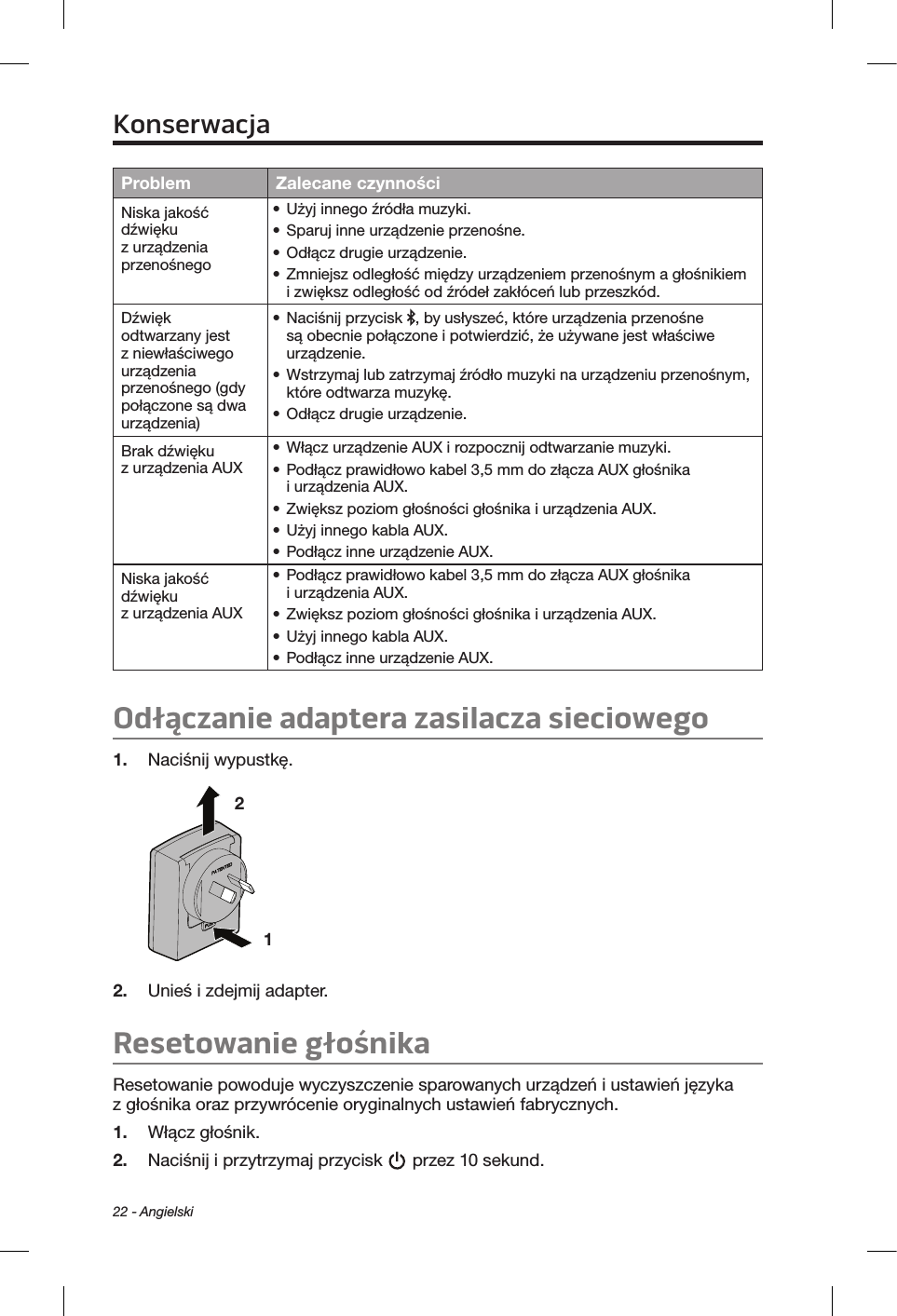 22 - AngielskiProblem Zalecane czynnościNiska jakość dźwięku z urządzenia przenośnego• Użyj innego źródła muzyki.• Sparuj inne urządzenie przenośne.• Odłącz drugie urządzenie.• Zmniejsz odległość między urządzeniem przenośnym a głośnikiem i zwiększ odległość od źródeł zakłóceń lub przeszkód.Dźwięk odtwarzany jest z niewłaściwego urządzenia przenośnego (gdy połączone są dwa urządzenia)• Naciśnij przycisk  , by usłyszeć, które urządzenia przenośne są obecnie połączone i potwierdzić, że używane jest właściwe urządzenie.• Wstrzymaj lub zatrzymaj źródło muzyki na urządzeniu przenośnym, które odtwarza muzykę.• Odłącz drugie urządzenie.Brak dźwięku z urządzenia AUX• Włącz urządzenie AUX i rozpocznij odtwarzanie muzyki.• Podłącz prawidłowo kabel 3,5 mm do złącza AUX głośnika i urządzenia AUX.• Zwiększ poziom głośności głośnika i urządzenia AUX.• Użyj innego kabla AUX.• Podłącz inne urządzenie AUX.Niska jakość dźwięku z urządzenia AUX• Podłącz prawidłowo kabel 3,5 mm do złącza AUX głośnika i urządzenia AUX.• Zwiększ poziom głośności głośnika i urządzenia AUX.• Użyj innego kabla AUX.• Podłącz inne urządzenie AUX.Odłączanie adaptera zasilacza sieciowego1.  Naciśnij wypustkę.1 2 2.  Unieś i zdejmij adapter. Resetowanie głośnikaResetowanie powoduje wyczyszczenie sparowanych urządzeń i ustawień języka z głośnika oraz przywrócenie oryginalnych ustawień fabrycznych.1.  Włącz głośnik.2.  Naciśnij i przytrzymaj przycisk   przez 10 sekund.Konserwacja