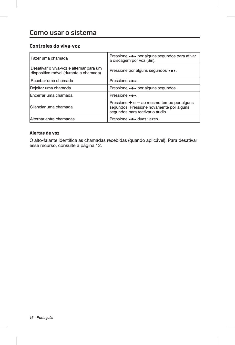 16 - PortuguêsComo usar o sistemaControles do viva-vozFazer uma chamada Pressione   por alguns segundos para ativar a discagem por voz (Siri).Desativar o viva-voz e alternar para um dispositivo móvel (durante a chamada) Pressione por alguns segundos  .Receber uma chamada Pressione  .Rejeitar uma chamada Pressione   por alguns segundos.Encerrar uma chamada Pressione  .Silenciar uma chamada Pressione   e   ao mesmo tempo por alguns segundos. Pressione novamente por alguns segundos para reativar o áudio.Alternar entre chamadas Pressione   duas vezes.Alertas de vozO alto-falante identifica as chamadas recebidas (quando aplicável). Para desativar esse recurso, consulte a página 12.