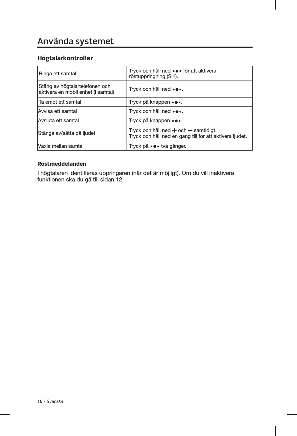 16 - SvenskaAnvända systemetHögtalarkontrollerRinga ett samtal Tryck och håll ned   för att aktivera röstuppringning (Siri).Stäng av högtalartelefonen och aktivera en mobil enhet (i samtal) Tryck och håll ned  .Ta emot ett samtal Tryck på knappen  .Avvisa ett samtal Tryck och håll ned  .Avsluta ett samtal Tryck på knappen  .Stänga av/sätta på ljudet Tryck och håll ned   och   samtidigt.  Tryck och håll ned en gång till för att aktivera ljudet.Växla mellan samtal Tryck på   två gånger.RöstmeddelandenI högtalaren identifieras uppringaren (när det är möjligt). Om du vill inaktivera funktionen ska du gå till sidan 12