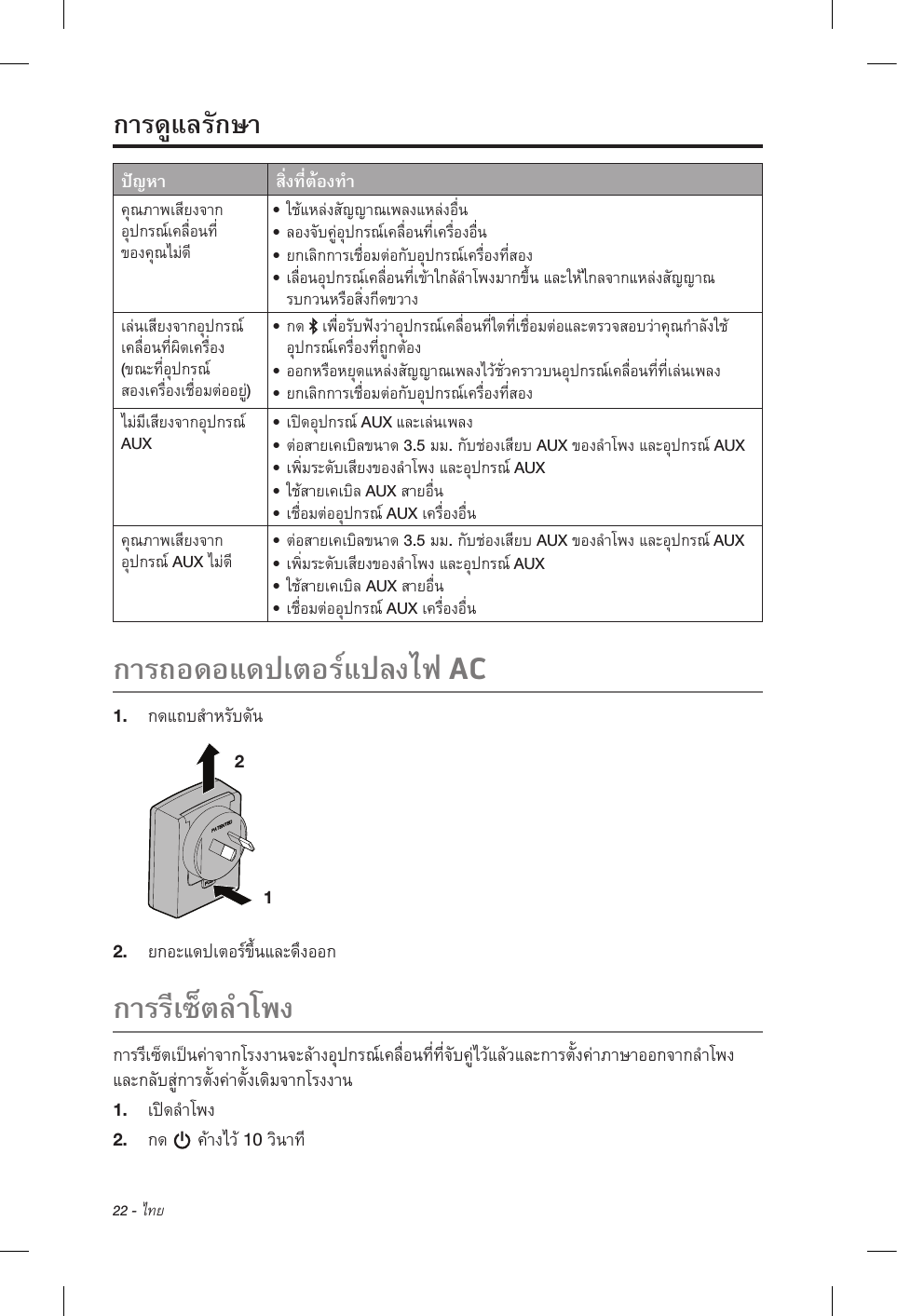 22 - ไทย  • • • • ( )•  • • AUX• AUX • 3.5.AUXAUX• AUX•  AUX• AUXAUX• 3.5.AUX AUX•  AUX• AUX• AUXAC1.  1 2 2.  1.  2.   10