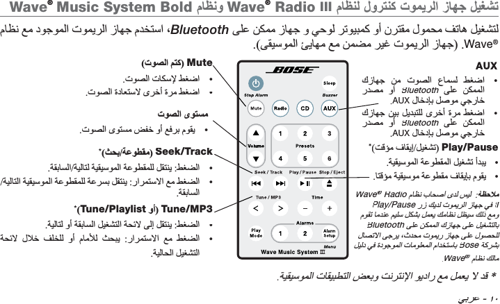  - ȈȇWave®Music System Bold  Wave® Radio III           Bluetooth            .(      ).Wave®•     Bluetooth .AUX  •      Bluetooth .AUX  ( ) Mute•.  •.    *( /)Play/Pause.     •.      •Wave®ee Radio     :Play/Pause    II         .Bluetooth              Bose.Wave®ee *(/)Seek/Track•./    :•/     :  .*(Tune/Playlist) Tune/MP3•.       :•       :  . .         * •.     
