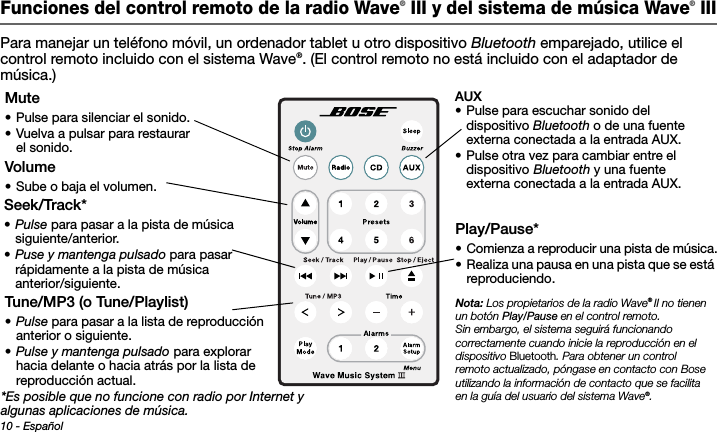 10 - EspañolTab 3, 11Tab 8, 16 Tab 7, 15 Tab 6, 14 Tab 5, 13 Tab 4, 12 Tab 2,  10Funciones del control remoto de la radio Wave® III y del sistema de música Wave® IIIPara manejar un teléfono móvil, un ordenador tablet u otro dispositivo Bluetooth emparejado, utilice el control remoto incluido con el sistema Wave®. (El control remoto no está incluido con el adaptador de música.) Volume• Sube o baja el volumen.AUX• Pulse para escuchar sonido del dispositivo Bluetooth o de una fuente externa conectada a la entrada AUX. • Pulse otra vez para cambiar entre el dispositivo Bluetooth y una fuente externa conectada a la entrada AUX. Play/Pause*• Comienza a reproducir una pista de música.• Realiza una pausa en una pista que se está reproduciendo.Seek/Track*•Pulse para pasar a la pista de música siguiente/anterior.•Puse y mantenga pulsado para pasar rápidamente a la pista de música anterior/siguiente.Mute• Pulse para silenciar el sonido.• Vuelva a pulsar para restaurar el sonido.Tune/MP3 (o Tune/Playlist)•Pulse para pasar a la lista de reproducción anterior o siguiente.•Pulse y mantenga pulsado para explorar hacia delante o hacia atrás por la lista de reproducción actual.*Es posible que no funcione con radio por Internet y algunas aplicaciones de música.Nota: ,OSPROPIETARIOSDELARADIO7AVE® ))NOTIENENUNBOTØNPlay/PauseENELCONTROLREMOTO3IN EMBARGOELSISTEMASEGUIRÉFUNCIONANDOCORRECTAMENTECUANDOINICIELAREPRODUCCIØNENELDISPOSITIVOBluetooth0ARA OBTENERUNCONTROLREMOTOACTUALIZADOPØNGASEENCONTACTOCON&quot;OSEUTILIZANDOLAINFORMACIØNDECONTACTOQUESEFACILITAENLAGUÓADELUSUARIODELSISTEMA7AVE®