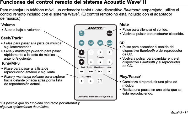Español - 11Tab 6, 14Tab 2, 10 Tab 3, 11 Tab 4, 12 Tab 5, 13 Tab 8, 16Tab 7, 15Funciones del control remoto del sistema Acoustic Wave® IIPara manejar un teléfono móvil, un ordenador tablet u otro dispositivo Bluetooth emparejado, utilice el control remoto incluido con el sistema Wave®. (El control remoto no está incluido con el adaptador de música.) CD• Pulse para escuchar el sonido del dispositivo Bluetooth o del reproductor de CD. • Vuelva a pulsar para cambiar entre el dispositivo Bluetooth y el reproductor de CD. Play/Pause*• Comienza a reproducir una pista de música.• Realiza una pausa en una pista que se está reproduciendo.Seek/Track*•Pulse para pasar a la pista de música siguiente/anterior.•Puse y mantenga pulsado para pasar rápidamente a la pista de música anterior/siguiente.Mute• Pulse para silenciar el sonido.• Vuelva a pulsar para restaurar el sonido.Volume• Sube o baja el volumen.Tune/MP3 •Pulse para pasar a la lista de reproducción anterior o siguiente.•Pulse y mantenga pulsado para explorar hacia delante o hacia atrás por la lista de reproducción actual.*Es posible que no funcione con radio por Internet y algunas aplicaciones de música.