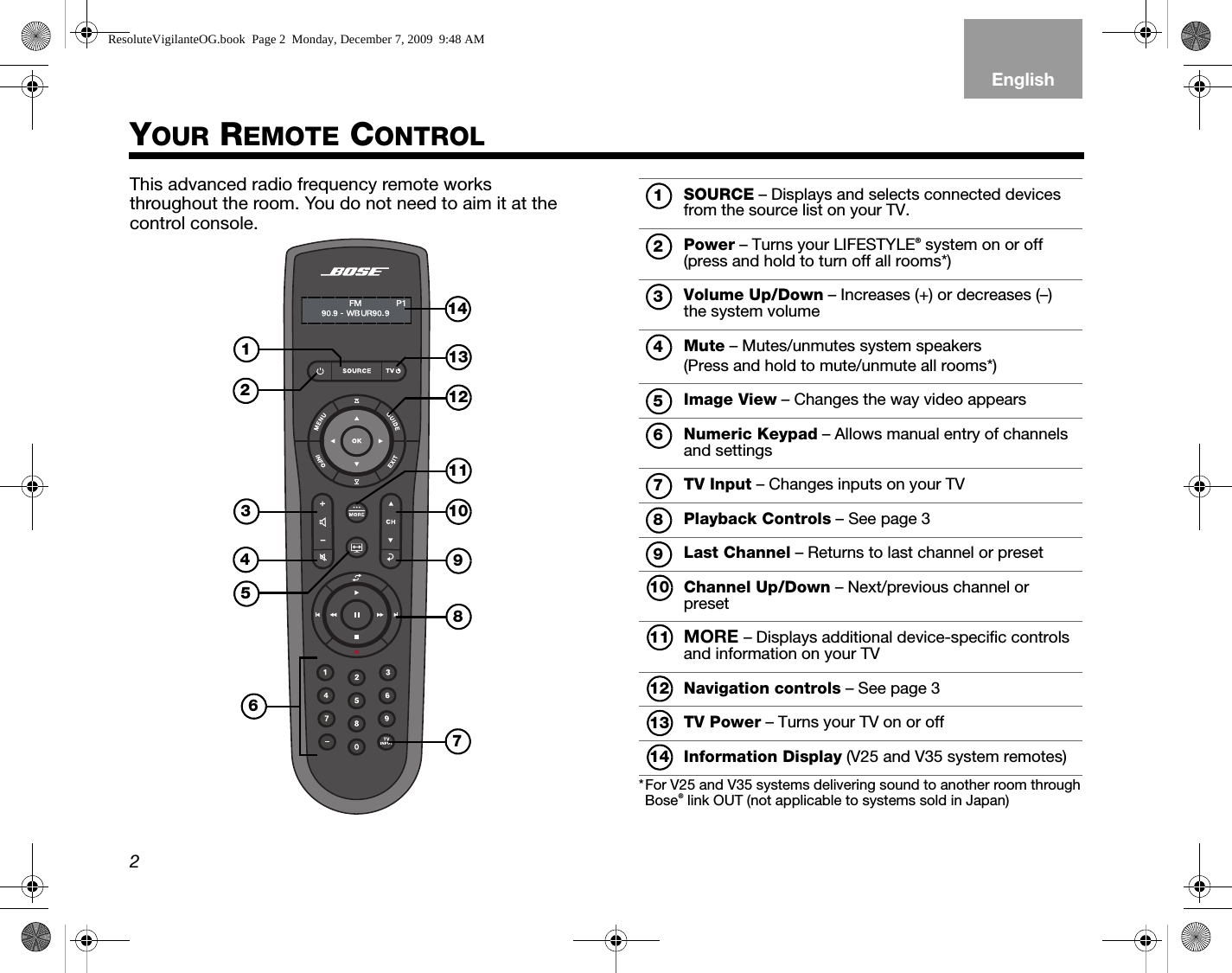 2EnglishTAB 6TAB 8 TAB 7 TAB 3TAB 5 TAB 2TAB 4YOUR REMOTE CONTROL This advanced radio frequency remote works throughout the room. You do not need to aim it at the control console. *For V25 and V35 systems delivering sound to another room throughBose® link OUT (not applicable to systems sold in Japan)The BeatlesiPod 3:201413121110987654321SOURCE – Displays and selects connected devices from the source list on your TV.Power – Turns your LIFESTYLE® system on or off (press and hold to turn off all rooms*)Volume Up/Down – Increases (+) or decreases (–) the system volumeMute – Mutes/unmutes system speakers (Press and hold to mute/unmute all rooms*)Image View – Changes the way video appearsNumeric Keypad – Allows manual entry of channels and settingsTV Input – Changes inputs on your TVPlayback Controls – See page 3Last Channel – Returns to last channel or presetChannel Up/Down – Next/previous channel or presetMORE – Displays additional device-specific controls and information on your TVNavigation controls – See page 3TV Power – Turns your TV on or offInformation Display (V25 and V35 system remotes)1234567891011121314ResoluteVigilanteOG.book  Page 2  Monday, December 7, 2009  9:48 AM