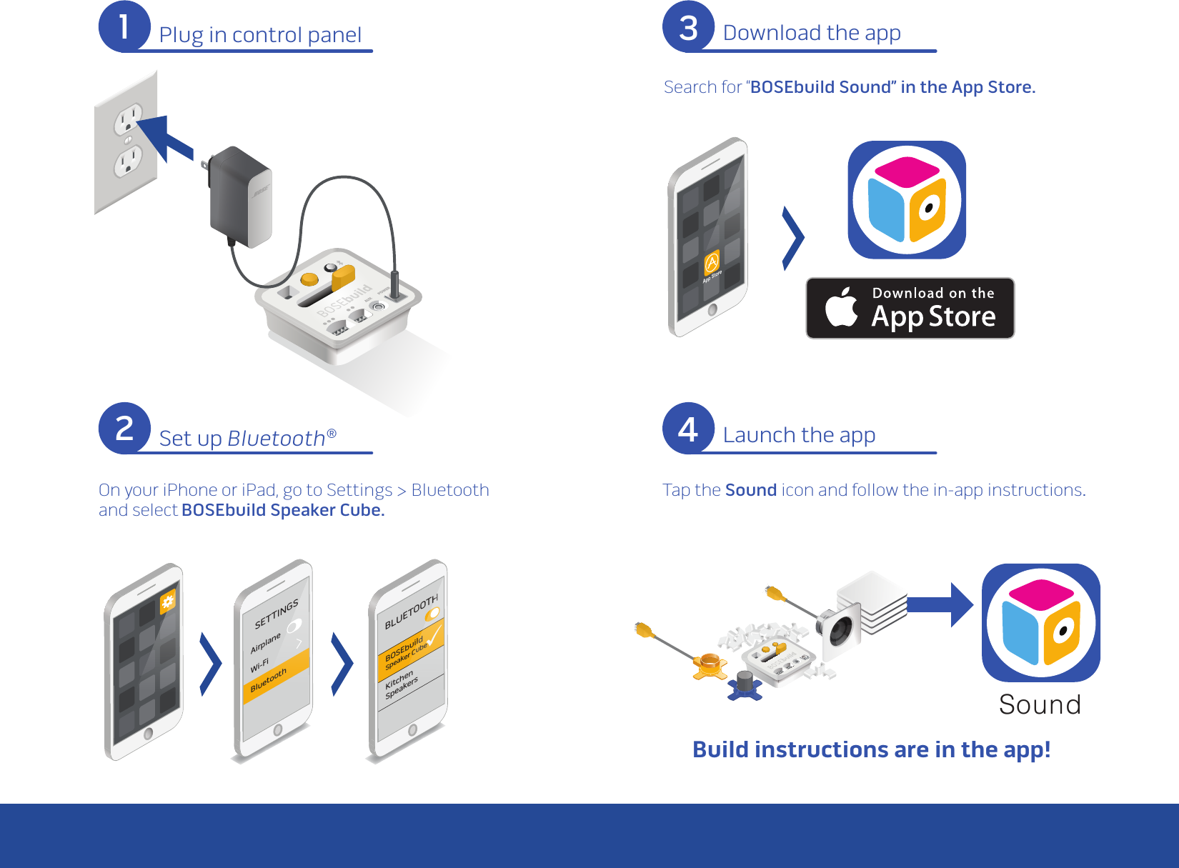 Tap the Sound icon and follow the in-app instructions.Plug in control panel4Launch the appOn your iPhone or iPad, go to Settings &gt; Bluetooth and select BOSEbuild Speaker Cube.21Search for “BOSEbuild Sound” in the App Store.Set up Bluetooth®3Download the appSETTINGSAirplaneWi-FiBluetoothBLUETOOTHBOSEbuildSpeaker CubeKitchenSpeakersApp StoreSoundBuild instructions are in the app!