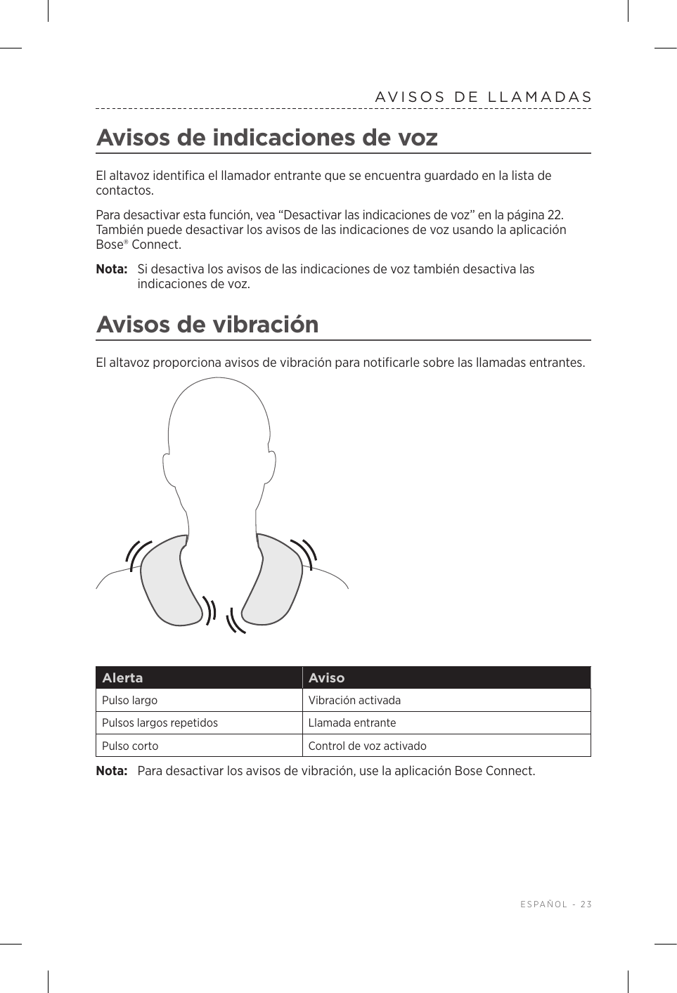  ESPAÑOL - 23AVISOS DE LLAMADASAvisos de indicaciones de vozEl altavoz identifica el llamador entrante que se encuentra guardado en la lista de contactos.Para desactivar esta función, vea “Desactivar las indicaciones de voz” en la página 22. También puede desactivar los avisos de las indicaciones de voz usando la aplicación Bose® Connect.Nota:  Si desactiva los avisos de las indicaciones de voz también desactiva las indicaciones de voz.Avisos de vibraciónEl altavoz proporciona avisos de vibración para notificarle sobre las llamadas entrantes.Alerta AvisoPulso largo Vibración activadaPulsos largos repetidos Llamada entrantePulso corto Control de voz activadoNota:  Para desactivar los avisos de vibración, use la aplicación Bose Connect.