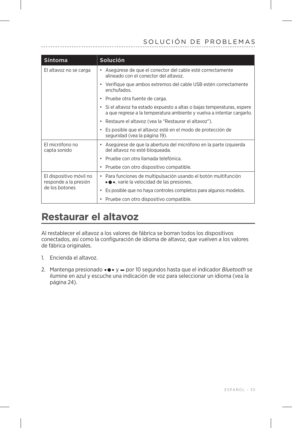  ESPAÑOL - 35SOLUCIÓN DE PROBLEMASSíntoma SoluciónEl altavoz no se carga •  Asegúrese de que el conector del cable esté correctamente alineado con el conector del altavoz.•  Verifique que ambos extremos del cable USB estén correctamente enchufados.•  Pruebe otra fuente de carga. •  Si el altavoz ha estado expuesto a altas o bajas temperaturas, espere a que regrese a la temperatura ambiente y vuelva a intentar cargarlo.•  Restaure el altavoz (vea la “Restaurar el altavoz”).•  Es posible que el altavoz esté en el modo de protección de seguridad (vea la página 19).El micrófono no captasonido•   Asegúrese de que la abertura del micrófono en la parte izquierda del altavoz no esté bloqueada.•   Pruebe con otra llamada telefónica.•   Pruebe con otro dispositivo compatible.El dispositivo móvil no responde a la presión de los botones•  Para funciones de multipulsación usando el botón multifunción , varíe la velocidad de las presiones.•  Es posible que no haya controles completos para algunos modelos.•  Pruebe con otro dispositivo compatible.Restaurar el altavozAl restablecer el altavoz a los valores de fábrica se borran todos los dispositivos conectados, así como la configuración de idioma de altavoz, que vuelven a los valores de fábrica originales.1.  Encienda el altavoz.2.  Mantenga presionado   y – por 10 segundos hasta que el indicador Bluetooth se ilumine en azul y escuche una indicación de voz para seleccionar un idioma (vea la página 24).