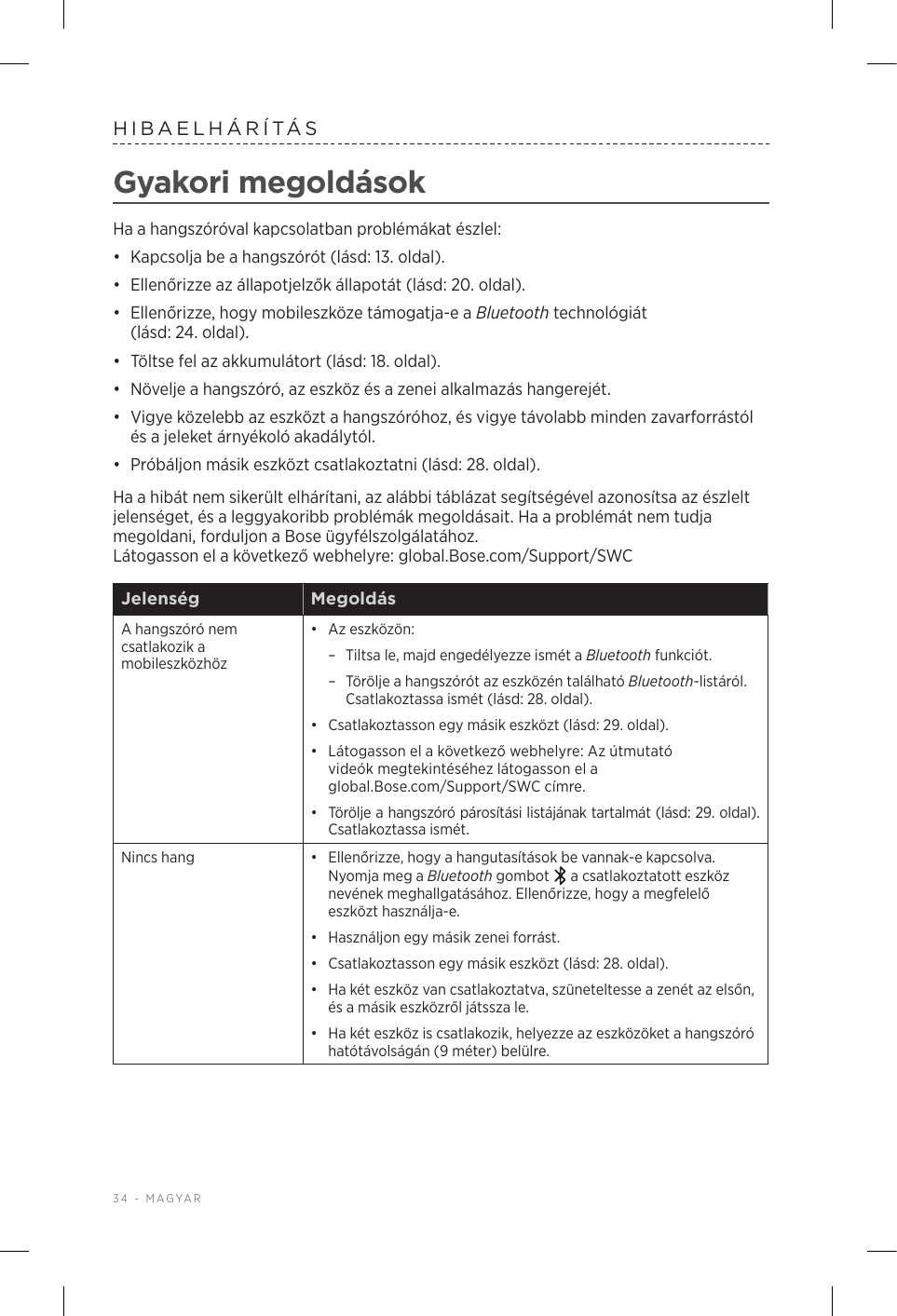 34 - MAGYARHIBAELHÁRÍTÁSGyakori megoldásokHa a hangszóróval kapcsolatban problémákat észlel:•  Kapcsolja be a hangszórót (lásd: 13. oldal).•  Ellenőrizze az állapotjelzők állapotát (lásd: 20. oldal).•  Ellenőrizze, hogy mobileszköze támogatja-e a Bluetooth technológiát  (lásd: 24. oldal).•  Töltse fel az akkumulátort (lásd: 18. oldal).•  Növelje a hangszóró, az eszköz és a zenei alkalmazás hangerejét.•  Vigye közelebb az eszközt a hangszóróhoz, és vigye távolabb minden zavarforrástól és a jeleket árnyékoló akadálytól.•  Próbáljon másik eszközt csatlakoztatni (lásd: 28. oldal).Ha a hibát nem sikerült elhárítani, az alábbi táblázat segítségével azonosítsa az észlelt jelenséget, és a leggyakoribb problémák megoldásait. Ha a problémát nem tudja megoldani, forduljon a Bose ügyfélszolgálatához. Látogasson el a következő webhelyre: global.Bose.com/Support/SWCJelenség MegoldásA hangszóró nem csatlakozik a mobileszközhöz•  Az eszközön: – Tiltsa le, majd engedélyezze ismét a Bluetooth funkciót. – Törölje a hangszórót az eszközén található Bluetooth-listáról. Csatlakoztassa ismét (lásd: 28. oldal).•  Csatlakoztasson egy másik eszközt (lásd: 29. oldal).•  Látogasson el a következő webhelyre: Azútmutató videók megtekintéséhez látogasson el a global.Bose.com/Support/SWC címre.•  Törölje a hangszóró párosítási listájának tartalmát (lásd: 29. oldal). Csatlakoztassa ismét.Nincs hang •  Ellenőrizze, hogy a hangutasítások be vannak-e kapcsolva. Nyomja meg a Bluetooth gombot   a csatlakoztatott eszköz nevének meghallgatásához. Ellenőrizze, hogy a megfelelő eszközt használja-e.•  Használjon egy másik zenei forrást.•  Csatlakoztasson egy másik eszközt (lásd: 28. oldal).•  Ha két eszköz van csatlakoztatva, szüneteltesse a zenét az elsőn, és a másik eszközről játssza le.•  Ha két eszköz is csatlakozik, helyezze az eszközöket a hangszóró hatótávolságán (9 méter) belülre.