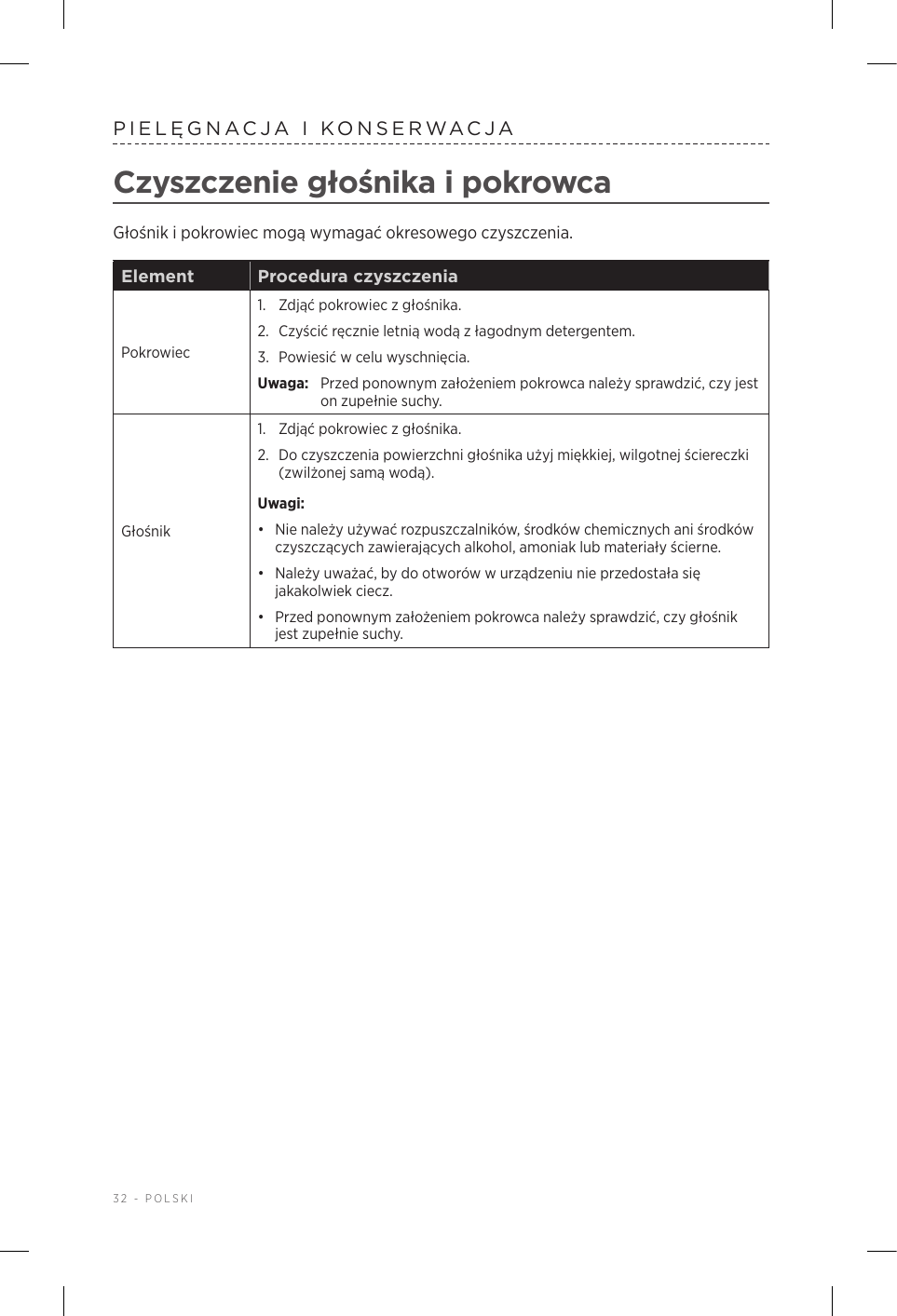 32 - POLSKIPIELĘGNACJA IKONSERWACJACzyszczenie głośnika ipokrowcaGłośnik ipokrowiec mogą wymagać okresowego czyszczenia.Element Procedura czyszczeniaPokrowiec1.  Zdjąć pokrowiec zgłośnika. 2.  Czyścić ręcznie letnią wodą złagodnym detergentem. 3.  Powiesić wcelu wyschnięcia. Uwaga:  Przed ponownym założeniem pokrowca należy sprawdzić, czy jest on zupełnie suchy.Głośnik1.  Zdjąć pokrowiec zgłośnika. 2.  Do czyszczenia powierzchni głośnika użyj miękkiej, wilgotnej ściereczki (zwilżonej samą wodą).Uwagi: •  Nie należy używać rozpuszczalników, środków chemicznych ani środków czyszczących zawierających alkohol, amoniak lub materiały ścierne.•  Należy uważać, by do otworów wurządzeniu nie przedostała się jakakolwiek ciecz. •  Przed ponownym założeniem pokrowca należy sprawdzić, czy głośnik jest zupełnie suchy.