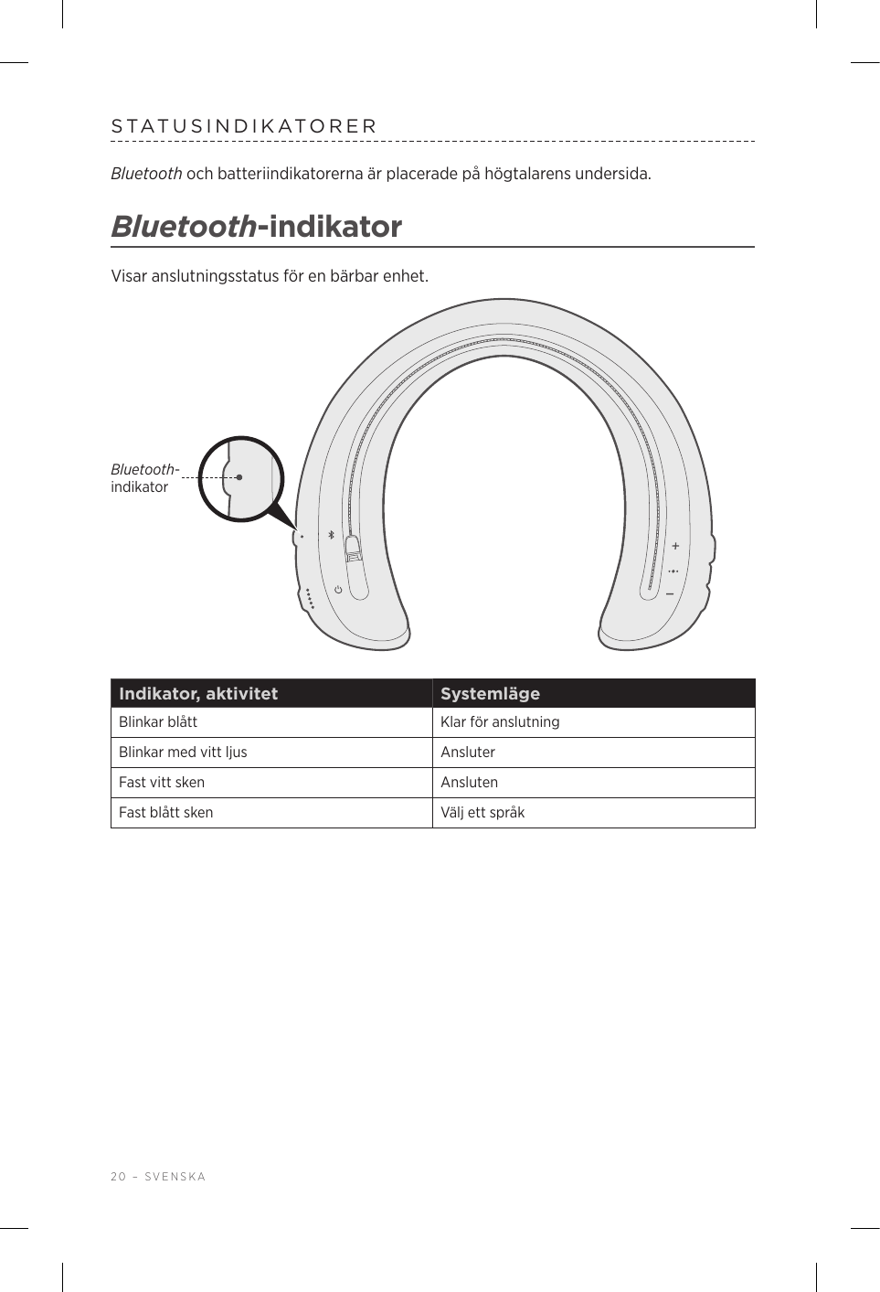 20 – SVENSKASTATUSINDIKATORERBluetooth och batteriindikatorerna är placerade på högtalarens undersida.Bluetooth-indikatorVisar anslutningsstatus för en bärbar enhet.Bluetooth-indikatorIndikator, aktivitet SystemlägeBlinkar blått Klar för anslutningBlinkar med vitt ljus AnsluterFast vitt sken AnslutenFast blått sken Välj ett språk