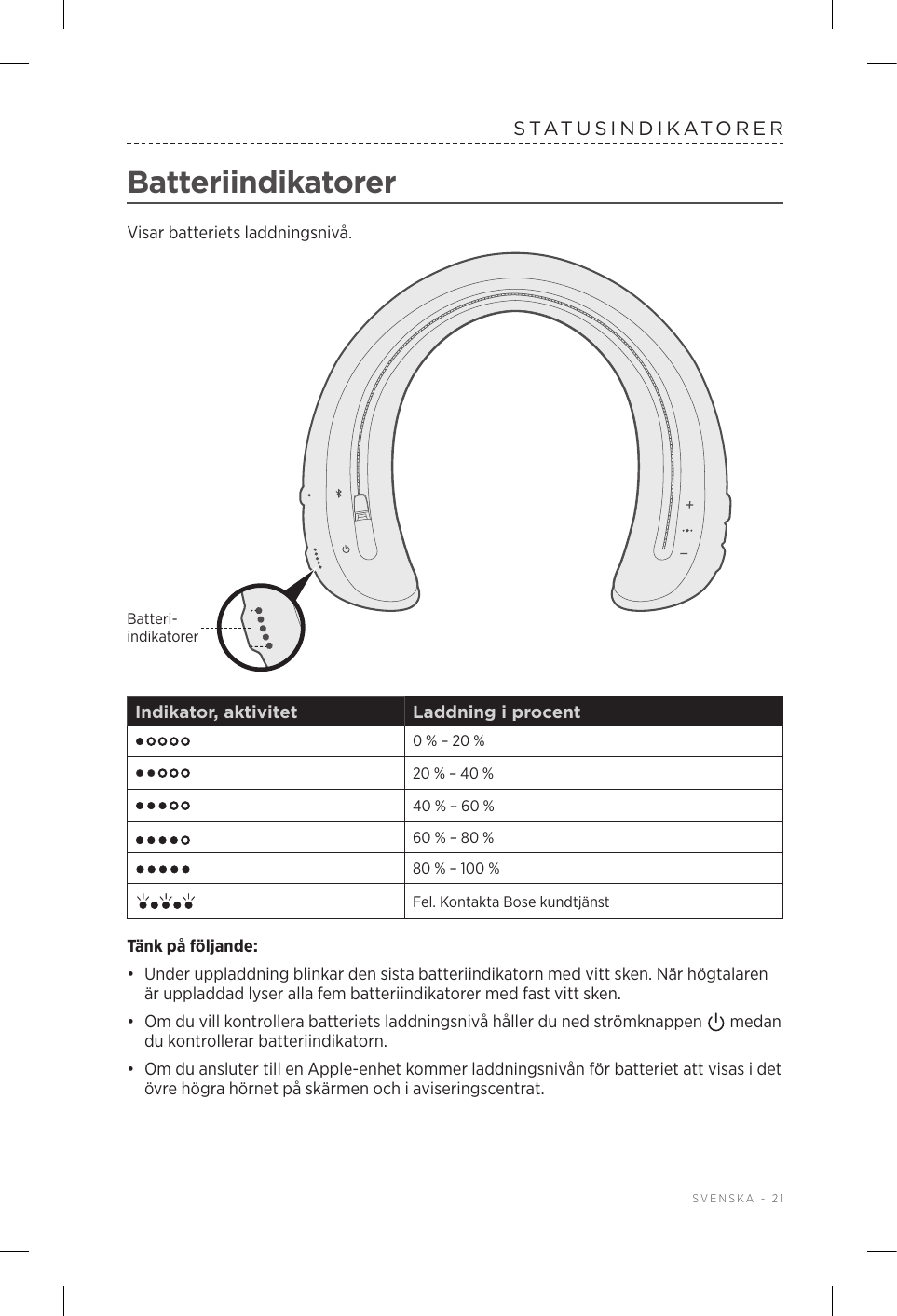  SVENSKA - 21STATUSINDIKATORERBatteriindikatorerVisar batteriets laddningsnivå.Batteri-indikatorerIndikator, aktivitet Laddning i procent0 % – 20 %20 % – 40 %40 % – 60 %60 % – 80 %80 % – 100 %Fel. Kontakta Bose kundtjänstTänk på följande:•  Under uppladdning blinkar den sista batteriindikatorn med vitt sken. När högtalaren är uppladdad lyser alla fem batteriindikatorer med fast vitt sken.•  Om du vill kontrollera batteriets laddningsnivå håller du ned strömknappen   medan du kontrollerar batteriindikatorn.•  Om du ansluter till en Apple-enhet kommer laddningsnivån för batteriet att visas i det övre högra hörnet på skärmen och i aviseringscentrat.