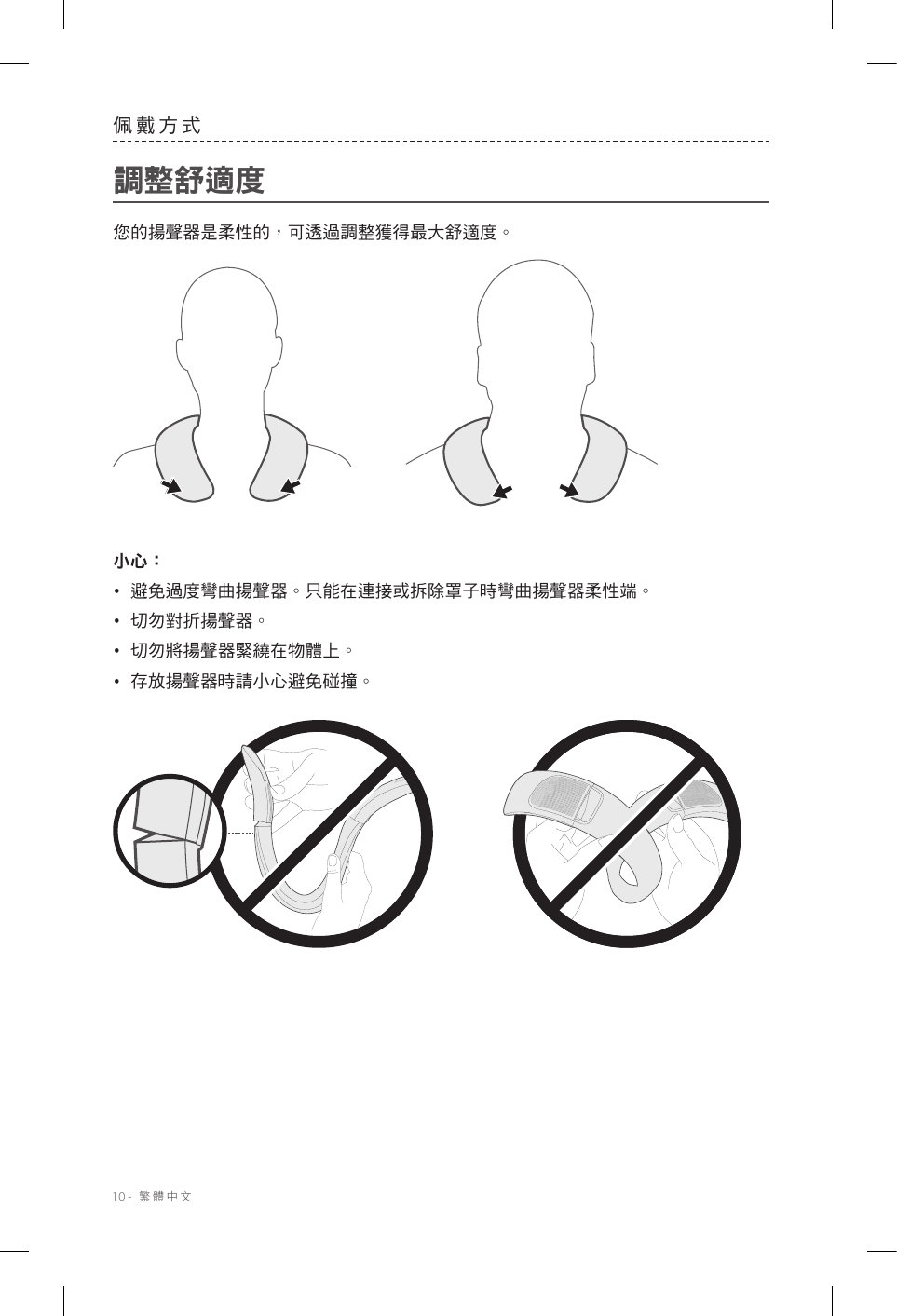 10-  繁體中文佩戴方式調整舒適度您的揚聲器是柔性的，可透過調整獲得最大舒適度。 小心： •  避免過度彎曲揚聲器。只能在連接或拆除罩子時彎曲揚聲器柔性端。•  切勿對折揚聲器。•  切勿將揚聲器緊繞在物體上。•  存放揚聲器時請小心避免碰撞。