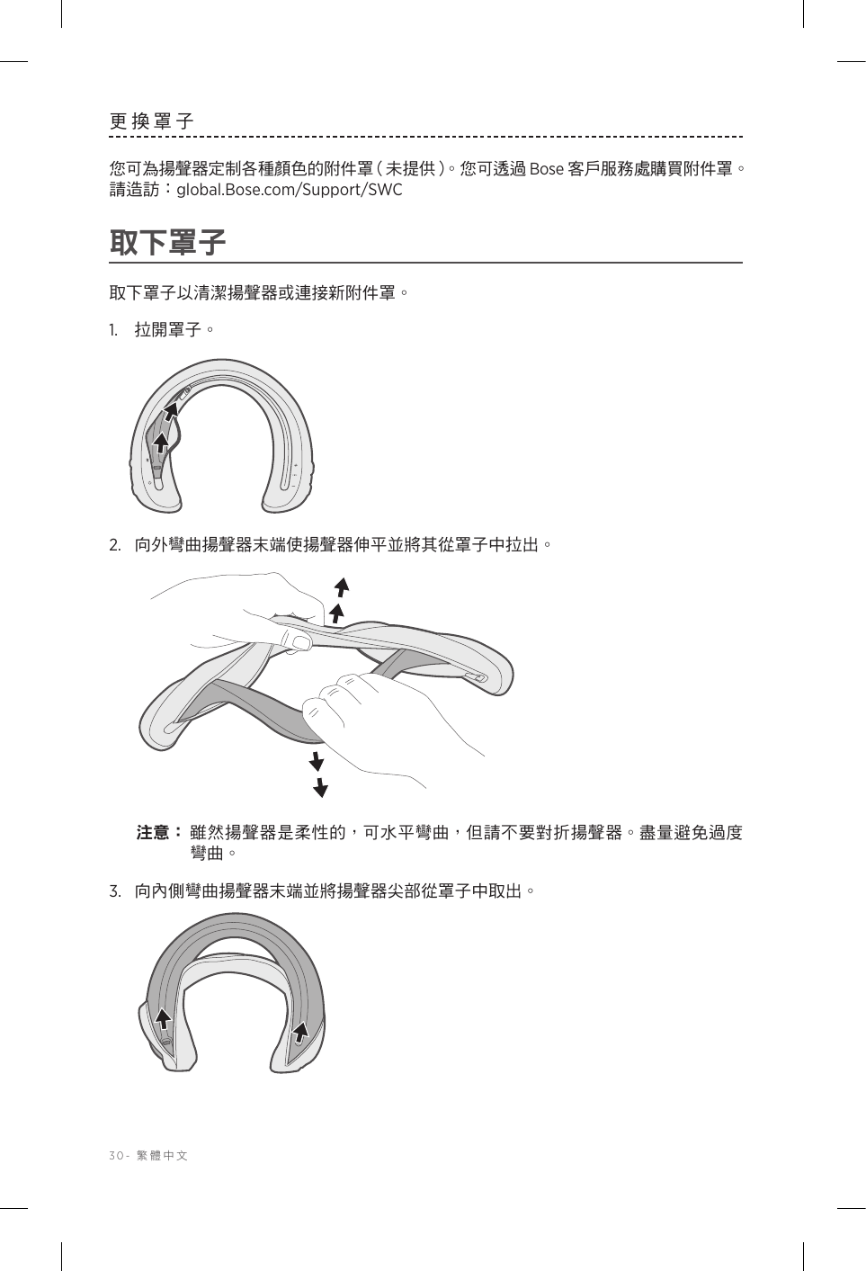 30-  繁體中文更換罩子您可為揚聲器定制各種顏色的附件罩（未提供）。您可透過 Bose 客戶服務處購買附件罩。 請造訪：global.Bose.com/Support/SWC 取下罩子取下罩子以清潔揚聲器或連接新附件罩。1.  拉開罩子。2.  向外彎曲揚聲器末端使揚聲器伸平並將其從罩子中拉出。注意： 雖然揚聲器是柔性的，可水平彎曲，但請不要對折揚聲器。盡量避免過度彎曲。3.  向內側彎曲揚聲器末端並將揚聲器尖部從罩子中取出。