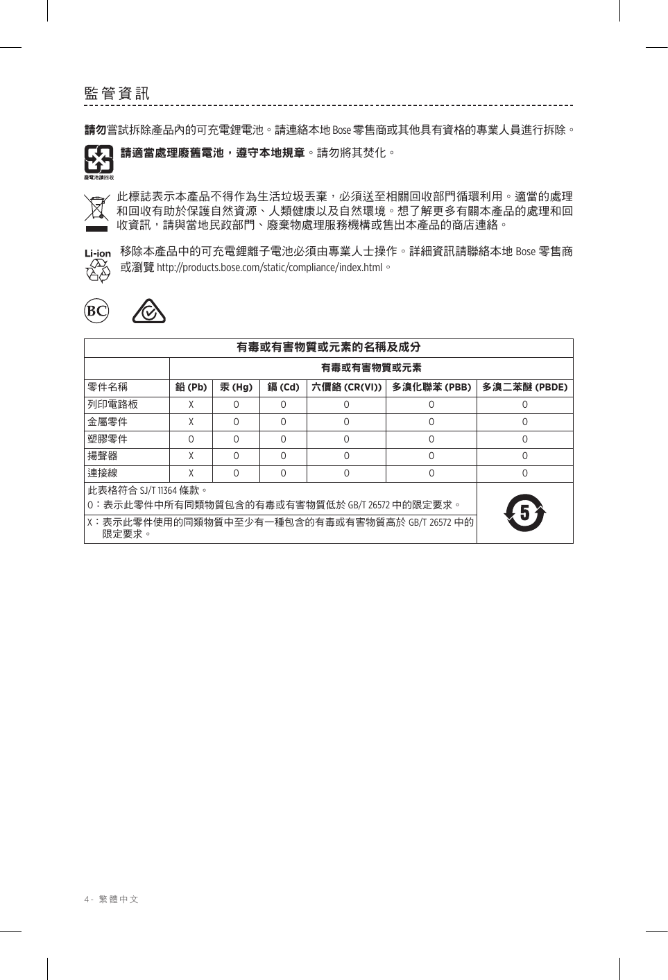 4-  繁體中文監管資訊請勿嘗試拆除產品內的可充電鋰電池。請連絡本地 Bose 零售商或其他具有資格的專業人員進行拆除。請適當處理廢舊電池，遵守本地規章。請勿將其焚化。此標誌表示本產品不得作為生活垃圾丟棄，必須送至相關回收部門循環利用。適當的處理和回收有助於保護自然資源、人類健康以及自然環境。想了解更多有關本產品的處理和回收資訊，請與當地民政部門、廢棄物處理服務機構或售出本產品的商店連絡。移除本產品中的可充電鋰離子電池必須由專業人士操作。詳細資訊請聯絡本地 Bose 零售商或瀏覽 http://products.bose.com/static/compliance/index.html。  有毒或有害物質或元素的名稱及成分有毒或有害物質或元素零件名稱 鉛 (Pb) 汞 (Hg) 鎘 (Cd) 六價鉻 (CR(VI)) 多溴化聯苯 (PBB) 多溴二苯醚 (PBDE)列印電路板 X O O O O O金屬零件 X O O O O O塑膠零件 O O O O O O揚聲器 X O O O O O連接線 X O O O O O此表格符合 SJ/T 11364 條款。O： 表示此零件中所有同類物質包含的有毒或有害物質低於 GB/T 26572 中的限定要求。X： 表示此零件使用的同類物質中至少有一種包含的有毒或有害物質高於 GB/T 26572 中的限定要求。