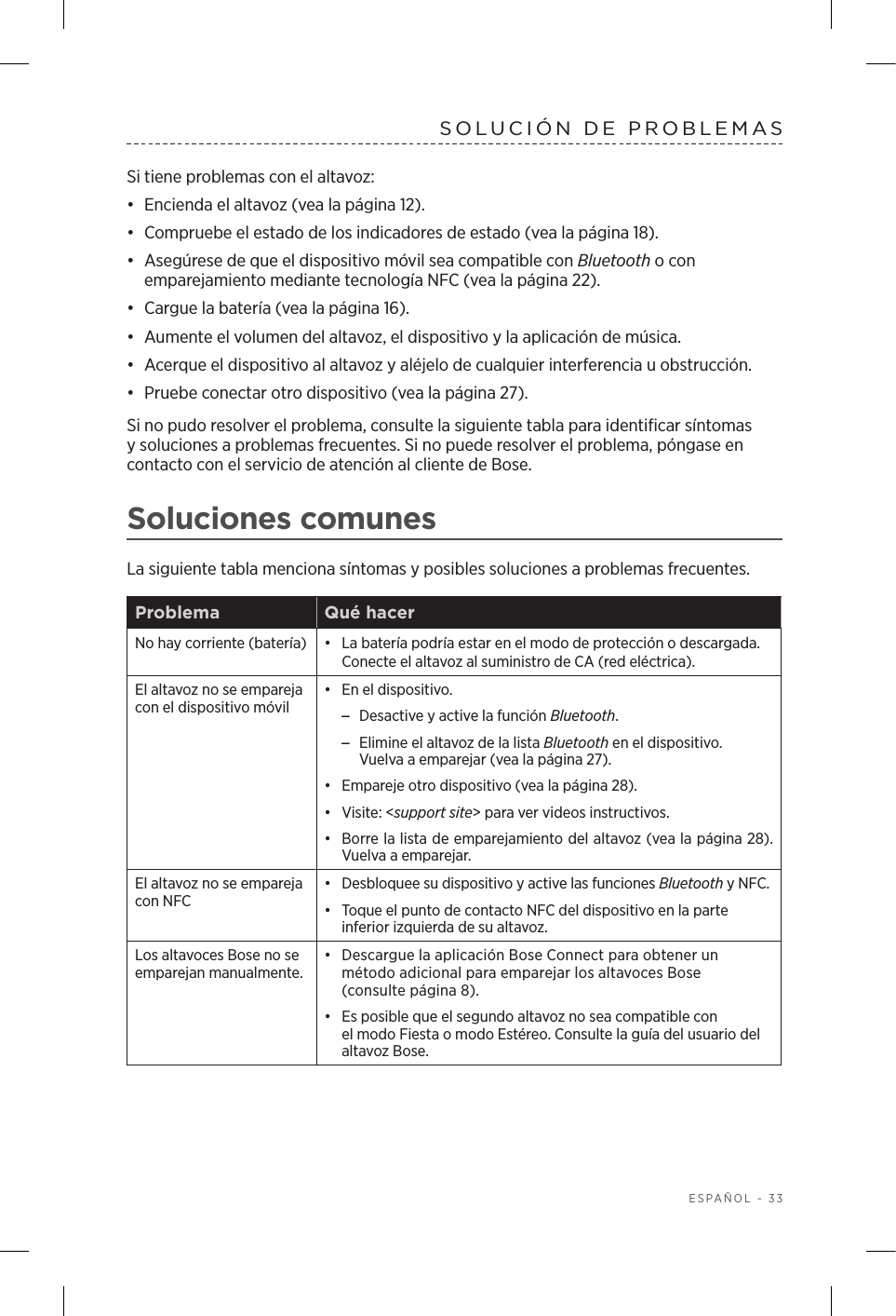  ESPAÑOL - 33SOLUCIÓN DE PROBLEMAS Si tiene problemas con el altavoz:•  Encienda el altavoz (vea la página 12).•  Compruebe el estado de los indicadores de estado (vea la página 18).•  Asegúrese de que el dispositivo móvil sea compatible con Bluetooth o con emparejamiento mediante tecnología NFC (vea la página 22).•  Cargue la batería (vea la página 16).•  Aumente el volumen del altavoz, el dispositivo y la aplicación de música.•  Acerque el dispositivo al altavoz y aléjelo de cualquier interferencia u obstrucción.•  Pruebe conectar otro dispositivo (vea la página 27).Si no pudo resolver el problema, consulte la siguiente tabla para identificar síntomas y soluciones a problemas frecuentes. Si no puede resolver el problema, póngase en contacto con el servicio de atención al cliente de Bose.Soluciones comunesLa siguiente tabla menciona síntomas y posibles soluciones a problemas frecuentes.Problema Qué hacerNo hay corriente (batería) •  La batería podría estar en el modo de protección o descargada. Conecte el altavoz al suministro de CA (red eléctrica). El altavoz no se empareja con el dispositivo móvil•  En el dispositivo. –Desactive y active la función Bluetooth. –Elimine el altavoz de la lista Bluetooth en el dispositivo. Vuelvaa emparejar (vea la página 27).•  Empareje otro dispositivo (vea la página 28).•  Visite: &lt;support site&gt; para ver videos instructivos.•  Borre la lista de emparejamiento del altavoz (vea la página 28). Vuelva a emparejar.El altavoz no se empareja con NFC•  Desbloquee su dispositivo y active las funciones Bluetooth y NFC.•  Toque el punto de contacto NFC del dispositivo en la parte inferior izquierda de su altavoz.Los altavoces Bose no se emparejan manualmente.•  Descargue la aplicación Bose Connect para obtener un método adicional para emparejar los altavoces Bose (consultepágina 8).•  Es posible que el segundo altavoz no sea compatible con elmodo Fiesta o modo Estéreo. Consulte la guía del usuario del altavoz Bose.