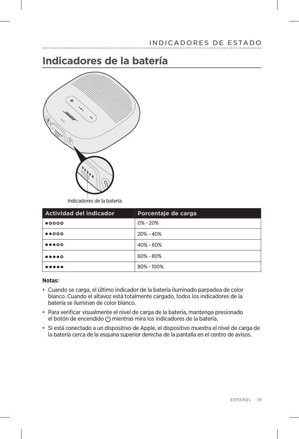  ESPAÑOL - 19INDICADORES DE ESTADOIndicadores de la bateríaIndicadores de la bateríaActividad del indicador Porcentaje de carga0% - 20%20% - 40%40% - 60%60% - 80%80% - 100%Notas:•  Cuando se carga, el último indicador de la batería iluminado parpadea de color blanco. Cuando el altavoz está totalmente cargado, todos los indicadores de la batería se iluminan de color blanco.•  Para verificar visualmente el nivel de carga de la batería, mantenga presionado elbotón de encendido   mientras mira los indicadores de la batería.•  Si está conectado a un dispositivo de Apple, el dispositivo muestra el nivel de carga de la batería cerca de la esquina superior derecha de la pantalla en el centro de avisos.