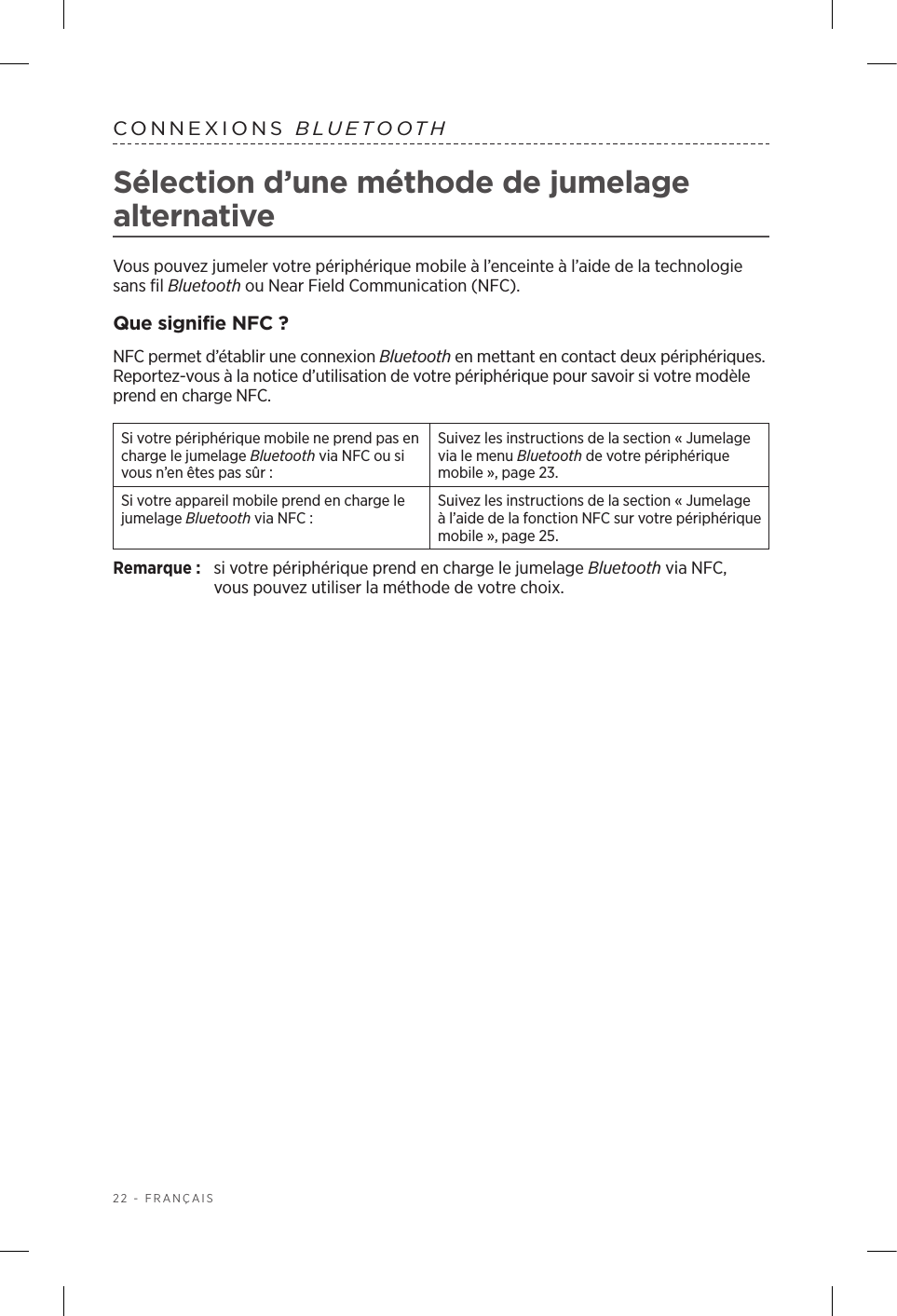 22 - FRANÇAISCONNEXIONS  BLUETOOTHSélection d’une méthode de jumelage alternativeVous pouvez jumeler votre périphérique mobile à l’enceinte à l’aide de la technologie sans fil Bluetooth ou Near Field Communication (NFC).Que signifie NFC?NFC permet d’établir une connexion Bluetooth en mettant en contact deux périphériques. Reportez-vous à la notice d’utilisation de votre périphérique pour savoir si votre modèle prend en charge NFC.Si votre périphérique mobile ne prend pas en charge le jumelage Bluetooth via NFC ou si vous n’en êtes pas sûr:Suivez les instructions de la section « Jumelage via le menu Bluetooth de votre périphérique mobile », page 23.Si votre appareil mobile prend en charge le jumelage Bluetooth via NFC:Suivez les instructions de la section « Jumelage à l’aide de la fonction NFC sur votre périphérique mobile », page 25.Remarque:  si votre périphérique prend en charge le jumelage Bluetooth via NFC, vouspouvez utiliser la méthode de votre choix.