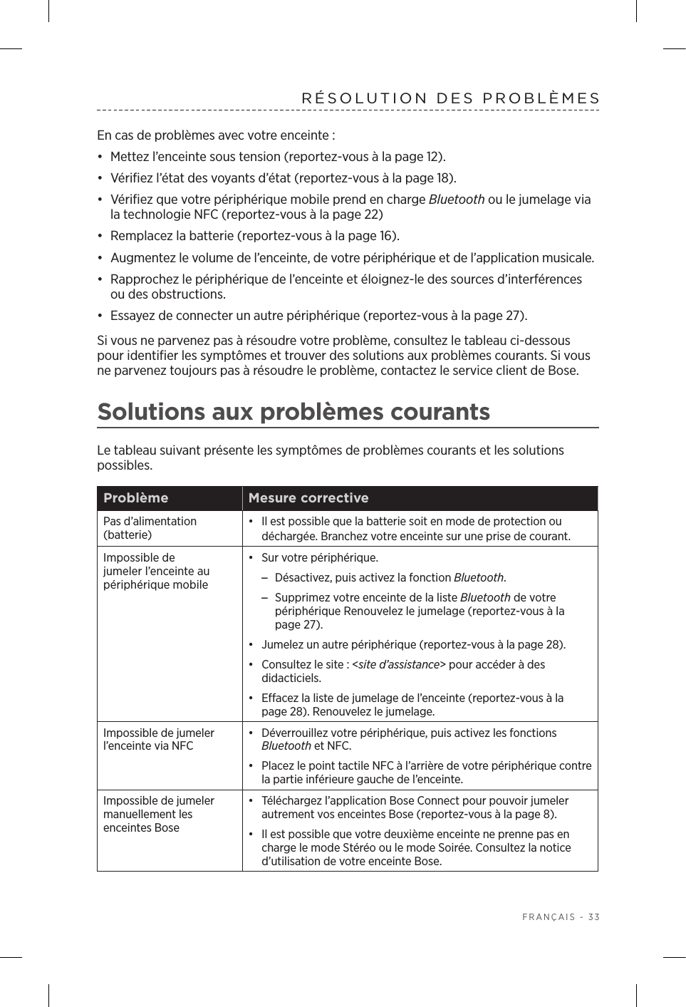  FRANÇAIS - 33RÉSOLUTION DES PROBLÈMES En cas de problèmes avec votre enceinte:•  Mettez l’enceinte sous tension (reportez-vous à la page 12).•  Vérifiez l’état des voyants d’état (reportez-vous à la page 18).•  Vérifiez que votre périphérique mobile prend en charge Bluetooth ou le jumelage via la technologie NFC (reportez-vous à la page 22)•  Remplacez la batterie (reportez-vous à la page 16).•  Augmentez le volume de l’enceinte, de votre périphérique et de l’application musicale.•  Rapprochez le périphérique de l’enceinte et éloignez-le des sources d’interférences ou des obstructions.•  Essayez de connecter un autre périphérique (reportez-vous à la page 27).Si vous ne parvenez pas à résoudre votre problème, consultez le tableau ci-dessous pour identifier les symptômes et trouver des solutions aux problèmes courants. Si vous ne parvenez toujours pas à résoudre le problème, contactez le service client de Bose.Solutions aux problèmes courantsLe tableau suivant présente les symptômes de problèmes courants et les solutions possibles.Problème Mesure correctivePas d’alimentation (batterie)•  Il est possible que la batterie soit en mode de protection ou déchargée. Branchez votre enceinte sur une prise de courant. Impossible de jumeler l’enceinte au périphérique mobile•  Sur votre périphérique. –Désactivez, puis activez la fonction Bluetooth. –Supprimez votre enceinte de la liste Bluetooth de votre périphérique Renouvelez le jumelage (reportez-vous à la page 27).•  Jumelez un autre périphérique (reportez-vous à la page 28).•  Consultez le site: &lt;site d’assistance&gt; pour accéder à des didacticiels.•  Effacez la liste de jumelage de l’enceinte (reportez-vous à la page 28). Renouvelez le jumelage.Impossible de jumeler l’enceinte via NFC•  Déverrouillez votre périphérique, puis activez les fonctions Bluetooth et NFC.•  Placez le point tactile NFC à l’arrière de votre périphérique contre la partie inférieure gauche de l’enceinte.Impossible de jumeler manuellement les enceintes Bose•  Téléchargez l’application Bose Connect pour pouvoir jumeler autrement vos enceintes Bose (reportez-vous à la page 8).•  Il est possible que votre deuxième enceinte ne prenne pas en charge le mode Stéréo ou le mode Soirée. Consultez la notice d’utilisation de votre enceinte Bose.