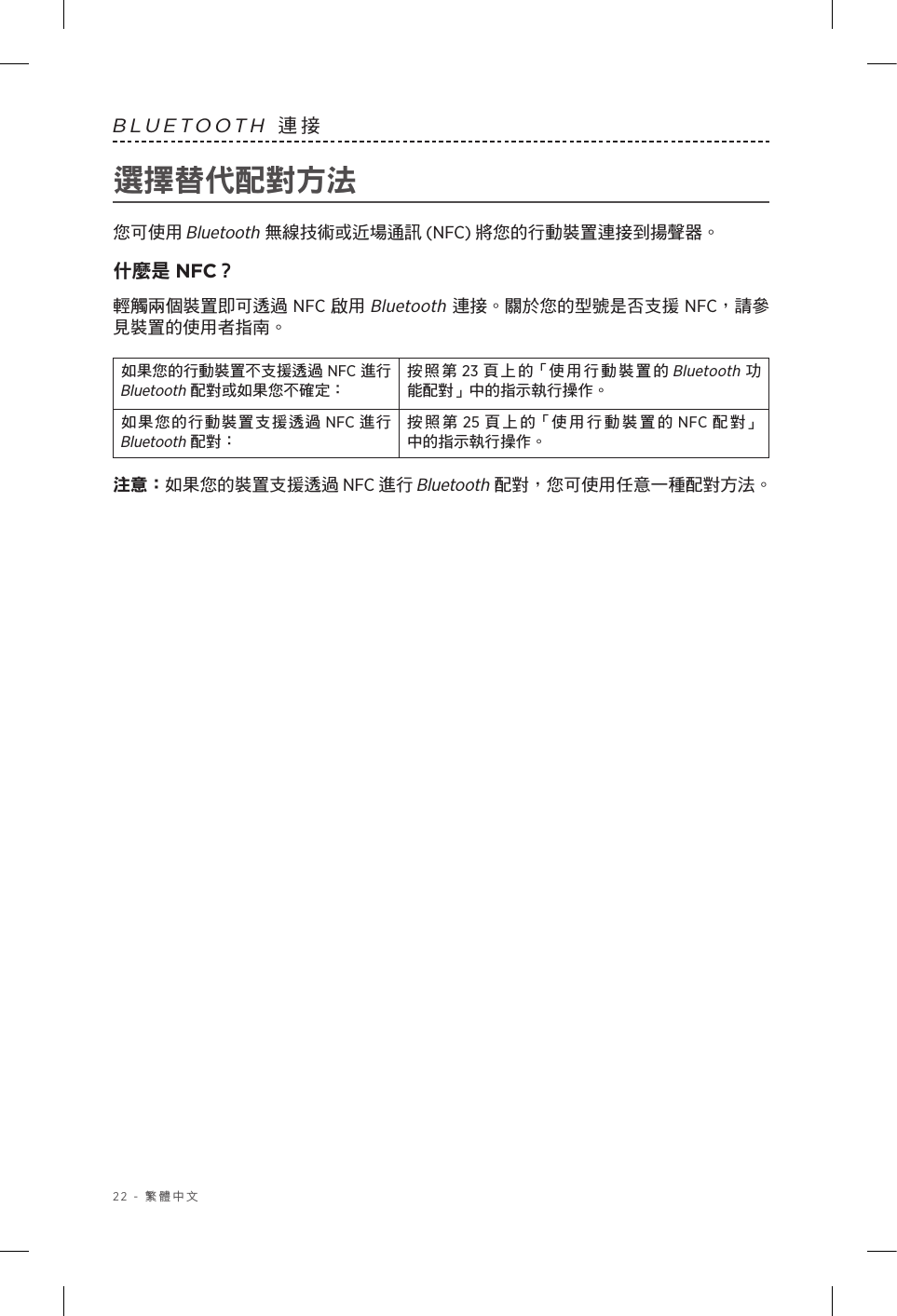 22 - 繁體中文BLUETOOTH 連接選擇替代配對方法您可使用 Bluetooth 無線技術或近場通訊 (NFC) 將您的行動裝置連接到揚聲器。什麼是 NFC？輕觸兩個裝置即可透過 NFC 啟用 Bluetooth 連接。關於您的型號是否支援 NFC，請參見裝置的使用者指南。如果您的行動裝置不支援透過 NFC 進行 Bluetooth 配對或如果您不確定：按照第 23 頁上的「使用行動裝置的 Bluetooth 功能配對」中的指示執行操作。如果您的行動裝置支援透過 NFC 進行 Bluetooth 配對：按照第 25 頁上的「使用行動裝置的 NFC 配 對」中的指示執行操作。注意：如果您的裝置支援透過 NFC 進行 Bluetooth 配對，您可使用任意一種配對方法。