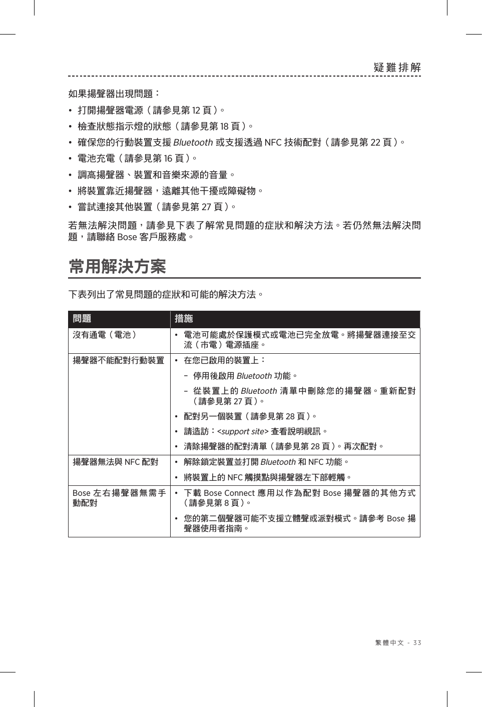  繁體中文 - 33疑難排解 如果揚聲器出現問題：•  打開揚聲器電源（請參見第 12 頁 ）。•  檢查狀態指示燈的狀態（請參見第 18 頁 ）。•  確保您的行動裝置支援 Bluetooth 或支援透過 NFC 技術配對（請參見第 22 頁 ）。•  電池充電（請參見第 16 頁 ）。•  調高揚聲器、裝置和音樂來源的音量。•  將裝置靠近揚聲器，遠離其他干擾或障礙物。•  嘗試連接其他裝置（請參見第 27 頁 ）。若無法解決問題，請參見下表了解常見問題的症狀和解決方法。若仍然無法解決問題，請聯絡 Bose 客戶服務處。常用解決方案下表列出了常見問題的症狀和可能的解決方法。問題 措施沒有通電（電池） •  電池可能處於保護模式或電池已完全放電。將揚聲器連接至交流（市電）電源插座。揚聲器不能配對行動裝置 •  在您已啟用的裝置上： –停用後啟用 Bluetooth 功能。 –從裝置上的 Bluetooth 清單中刪除您的揚聲器。重新配對 （請參見第 27 頁 ）。•  配對另一個裝置（請參見第 28 頁 ）。•  請造訪：&lt;support site&gt; 查看說明視訊。•  清除揚聲器的配對清單（請參見第 28 頁）。再次配對。揚聲器無法與 NFC 配對 •  解除鎖定裝置並打開 Bluetooth 和 NFC 功能。•  將裝置上的 NFC 觸摸點與揚聲器左下部輕觸。Bose 左右揚聲器無需手動配對•  下載 Bose Connect 應用以作為配對 Bose 揚聲器的其他方式 （請參見第 8 頁 ）。•  您的第二個聲器可能不支援立體聲或派對模式。請參考 Bose 揚聲器使用者指南。