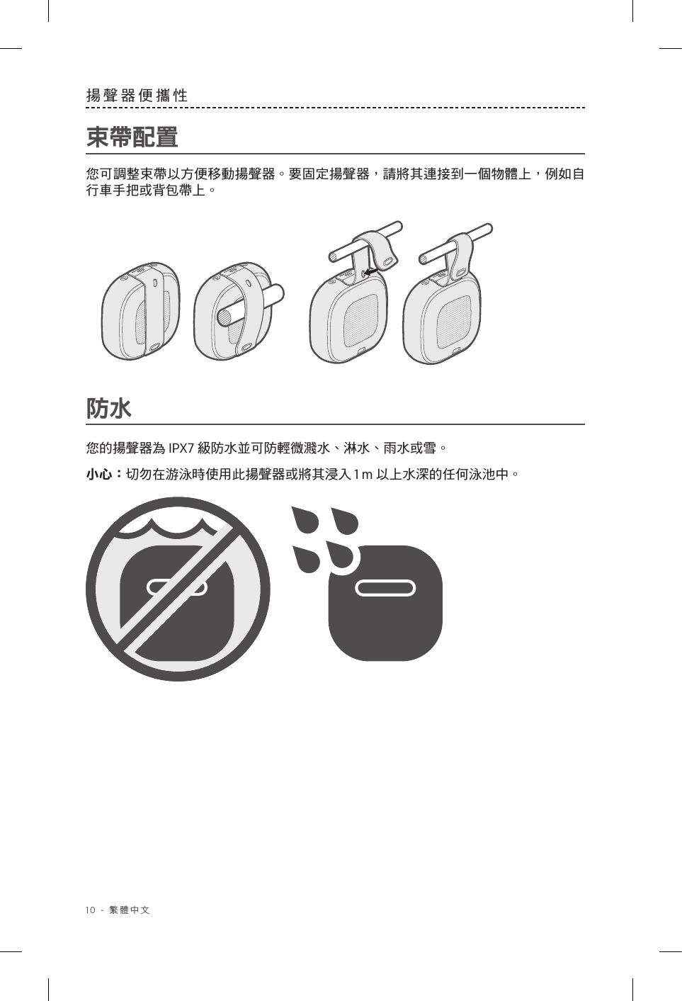 10 - 繁體中文揚聲器便攜性束帶配置您可調整束帶以方便移動揚聲器。要固定揚聲器，請將其連接到一個物體上，例如自行車手把或背包帶上。 防水您的揚聲器為 IPX7 級防水並可防輕微濺水、淋水、雨水或雪。小心：切勿在游泳時使用此揚聲器或將其浸入 1 m 以上水深的任何泳池中。