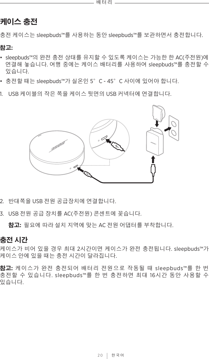 배터리 20 | 한국어케이스 충전충전 케이스는 sleepbuds™를 사용하는 동안 sleepbuds™를 보관하면서 충전합니다.참고:  •  sleepbuds™의 완전 충전 상태를 유지할 수 있도록 케이스는 가능한 한 AC(주전원)에 연결해 놓습니다. 여행 중에는 케이스 배터리를 사용하여 sleepbuds™를 충전할 수 있습니다.•  충전할 때는 sleepbuds™가 실온인 5°C - 45°C 사이에 있어야 합니다.1.  USB 케이블의 작은 쪽을 케이스 뒷면의 USB 커넥터에 연결합니다.2.  반대쪽을 USB 전원 공급장치에 연결합니다.3.  USB 전원 공급 장치를 AC(주전원) 콘센트에 꽂습니다.참고:  필요에 따라 설치 지역에 맞는 AC 전원 어댑터를 부착합니다.충전 시간케이스가 비어 있을 경우 최대 2시간이면 케이스가 완전 충전됩니다. sleepbuds™가 케이스 안에 있을 때는 충전 시간이 달라집니다.참고:  케이스가 완전 충전되어 배터리 전원으로 작동될 때 sleepbuds™를 한 번 충전할 수 있습니다. sleepbuds™를 한 번 충전하면 최대 16시간 동안 사용할 수 있습니다.