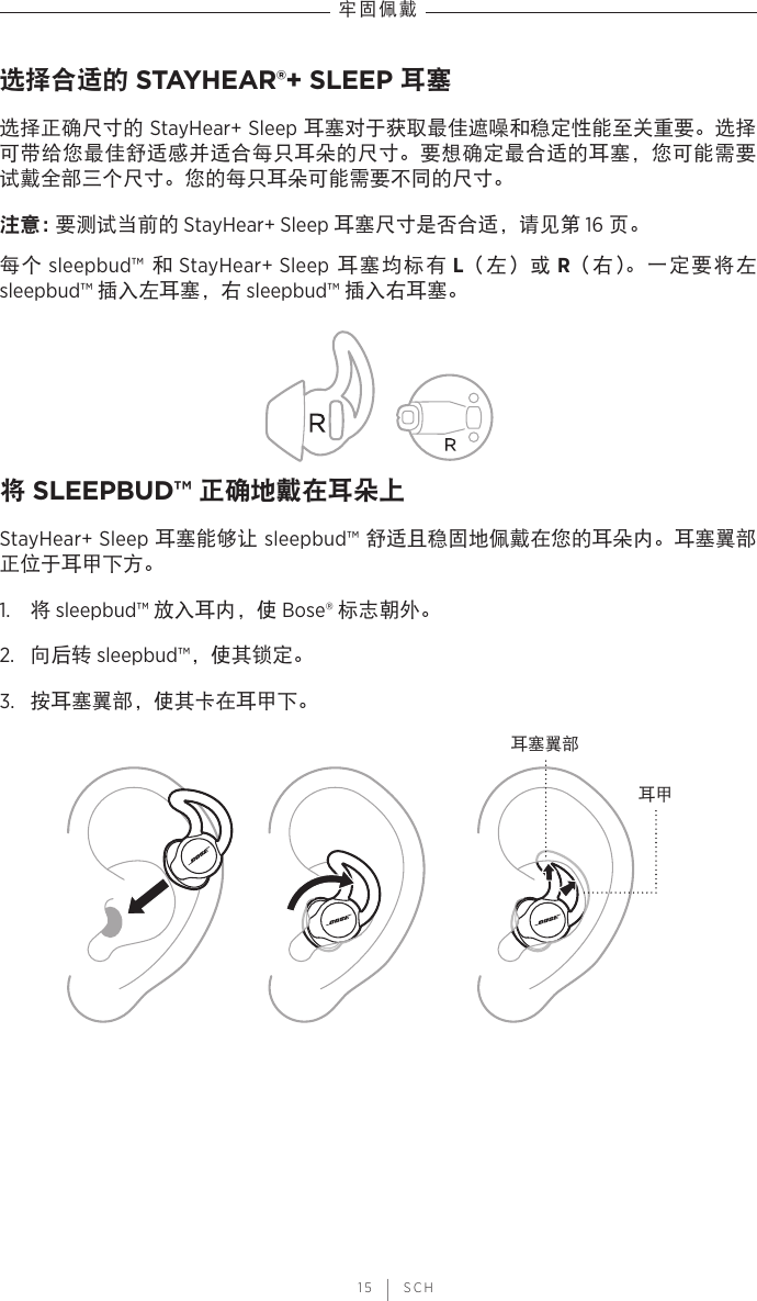  15 | SCH牢固佩戴选择合适的 STAYHEAR®+ SLEEP 耳塞选择正确尺寸的 StayHear+ Sleep 耳塞对于获取最佳遮噪和稳定性能至关重要。选择可带给您最佳舒适感并适合每只耳朵的尺寸。要想确定最合适的耳塞，您可能需要试戴全部三个尺寸。您的每只耳朵可能需要不同的尺寸。注意： 要测试当前的 StayHear+ Sleep 耳塞尺寸是否合适，请见第 16 页。每个 sleepbud™  和 StayHear+ Sleep 耳塞均标有 L（左）或 R（右）。一定要将左 sleepbud™ 插入左耳塞，右 sleepbud™ 插入右耳塞。将 SLEEPBUD™ 正确地戴在耳朵上StayHear+ Sleep 耳塞能够让 sleepbud™ 舒适且稳固地佩戴在您的耳朵内。耳塞翼部正位于耳甲下方。1.  将 sleepbud™ 放入耳内，使 Bose® 标志朝外。2.  向后转 sleepbud™，使其锁定。3.  按耳塞翼部，使其卡在耳甲下。耳甲耳塞翼部