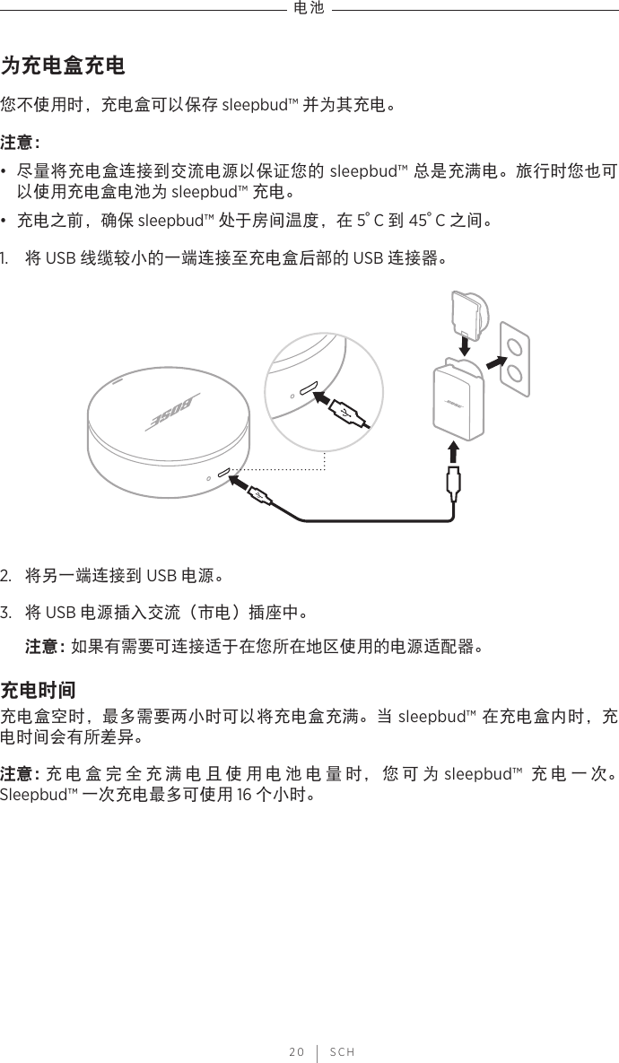 电池 20 | SCH为充电盒充电您不使用时，充电盒可以保存 sleepbud™ 并为其充电。注意： •  尽量将充电盒连接到交流电源以保证您的 sleepbud™ 总是充满电。旅行时您也可以使用充电盒电池为 sleepbud™ 充电。•  充电之前，确保 sleepbud™ 处于房间温度，在 5° C 到 45° C 之间。1.  将 USB 线缆较小的一端连接至充电盒后部的 USB 连接器。2.  将另一端连接到 USB 电源。3.  将 USB 电源插入交流（市电）插座中。注意： 如果有需要可连接适于在您所在地区使用的电源适配器。充电时间充电盒空时，最多需要两小时可以将充电盒充满。当 sleepbud™ 在充电盒内时，充电时间会有所差异。注意： 充电盒完全充满电且使用电池电量时，您可为 sleepbud™  充电一次。Sleepbud™ 一次充电最多可使用 16 个小时。